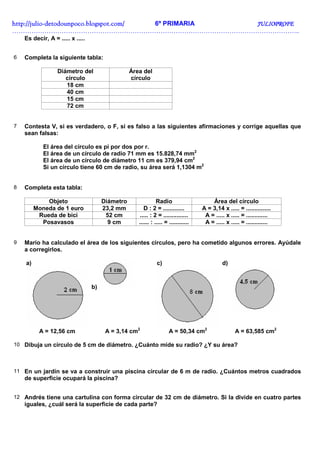 http://julio-
http://julio -detodounpoco.blogspot.com/ 6º PRIMARIA JULIOPROFE
……………………………………………………………………………………………………………………..
    Es decir, A = ..... x .....


6   Completa la siguiente tabla:

                  Diámetro del                    Área del
                     círculo                      círculo
                     18 cm
                     40 cm
                     15 cm
                     72 cm


7   Contesta V, si es verdadero, o F, si es falso a las siguientes afirmaciones y corrige aquellas que
    sean falsas:

            El área del círculo es pi por dos por r.
            El área de un círculo de radio 71 mm es 15.828,74 mm2
            El área de un círculo de diámetro 11 cm es 379,94 cm2
            Si un círculo tiene 60 cm de radio, su área será 1,1304 m2


8   Completa esta tabla:

             Objeto                    Diámetro                Radio                     Área del círculo
         Moneda de 1 euro              23,2 mm          D : 2 = .............        A = 3,14 x ..... = ...............
          Rueda de bici                 52 cm         ..... : 2 = ...............     A = ..... x ..... = .............
           Posavasos                     9 cm        ...... : ..... = ............    A = ..... x ..... = .............


9   Mario ha calculado el área de los siguientes círculos, pero ha cometido algunos errores. Ayúdale
    a corregirlos.

    a)                                                         c)                             d)



                                  b)




          A = 12,56 cm                  A = 3,14 cm2                  A = 50,34 cm2                  A = 63,585 cm2

10 Dibuja un círculo de 5 cm de diámetro. ¿Cuánto mide su radio? ¿Y su área?



11 En un jardín se va a construir una piscina circular de 6 m de radio. ¿Cuántos metros cuadrados
    de superficie ocupará la piscina?


12 Andrés tiene una cartulina con forma circular de 32 cm de diámetro. Si la divide en cuatro partes
    iguales, ¿cuál será la superficie de cada parte?
 