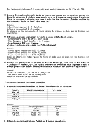 Dos divisiones equivalentes a 2 : 3 que cumplen esas condiciones podrían ser: 14 : 21 y 140 : 210


13 Daniel y Elena salen del colegio, donde les esperan sus madres con una sorpresa. La madre de
    Daniel ha comprado 12 piruletas para repartir entre los 4 hermanos, mientras que la madre de
    Elena ha comprado 6 piruletas para repartir entre los dos hermanos. ¿Cuántas piruletas les
    corresponden a Daniel y a Elena? ¿Qué observas?

    Solución:
    A Daniel le corresponden 12 : 4 = 3 piruletas.
    A Elena le correspoden 6 : 2 = 3 piruletas.
    Se observa que les corresponden el mismo número de piruletas, es decir, que las divisiones son
    equivalentes

14 Patricia y sus amigos se encargan de repartir la bebida en la fiesta del colegio.
    - Patricia reparte 6 litros de refresco en 30 vasos.
    - Ricardo reparte el doble de refresco en 60 vasos.
    - Begoña reparte 3 litros en 15 vasos.
    ¿Cuánto reparte cada uno en cada vaso? ¿Qué observas?

    Solución:
    - Patricia reparte en cada vaso 6 : 30 = 0,2 litros.
    - Ricardo reparte en cada vaso 12 : 60 = 0,2 litros.
    - Begoña reparte en cada vaso 3 : 15 = 0,2 litros.
    Luego se observa que todos reparten lo mismo en cada vaso, es decir, que las divisiones son
    equivalentes.

15 Lucía y Juan participan en las pruebas de atletismo del colegio. Lucía corre los 100 metros en
    17,25 segundos mientras, que Juan registra una marca en 200 metros de 35 segundos. Calcula el
    tiempo que tardan en recorrer 1 metro y razona si sus marcas en este caso serían equivalentes.

    Solución:
    Lucía corre 1 metro en 17,25 : 100 = 0,1725 segundos.
    Juan corre 1 metro en 35 : 200 = 0,175 segundos.
    Luego sus marcas no son equivalentes.


3.- División entre un número natural entre uno decimal

1   Escribe divisiones equivalentes a las dadas y después calcula los cocientes:

           División           División equivalente            Cociente
           124 : 0,2
           39 : 1,3
          675 :1,25
          462 : 2,75


    Solución:
           División            División equivalente           Cociente
          124 : 0,2                  1.240 : 2                  620
           39 : 1,3                  390 : 13                   30
          675 :1,25                67.500 : 125                 540
          462 : 2,75               46.200 : 275                 168


2   Calcula las siguientes divisiones. Ayúdate de divisiones equivalentes.
 