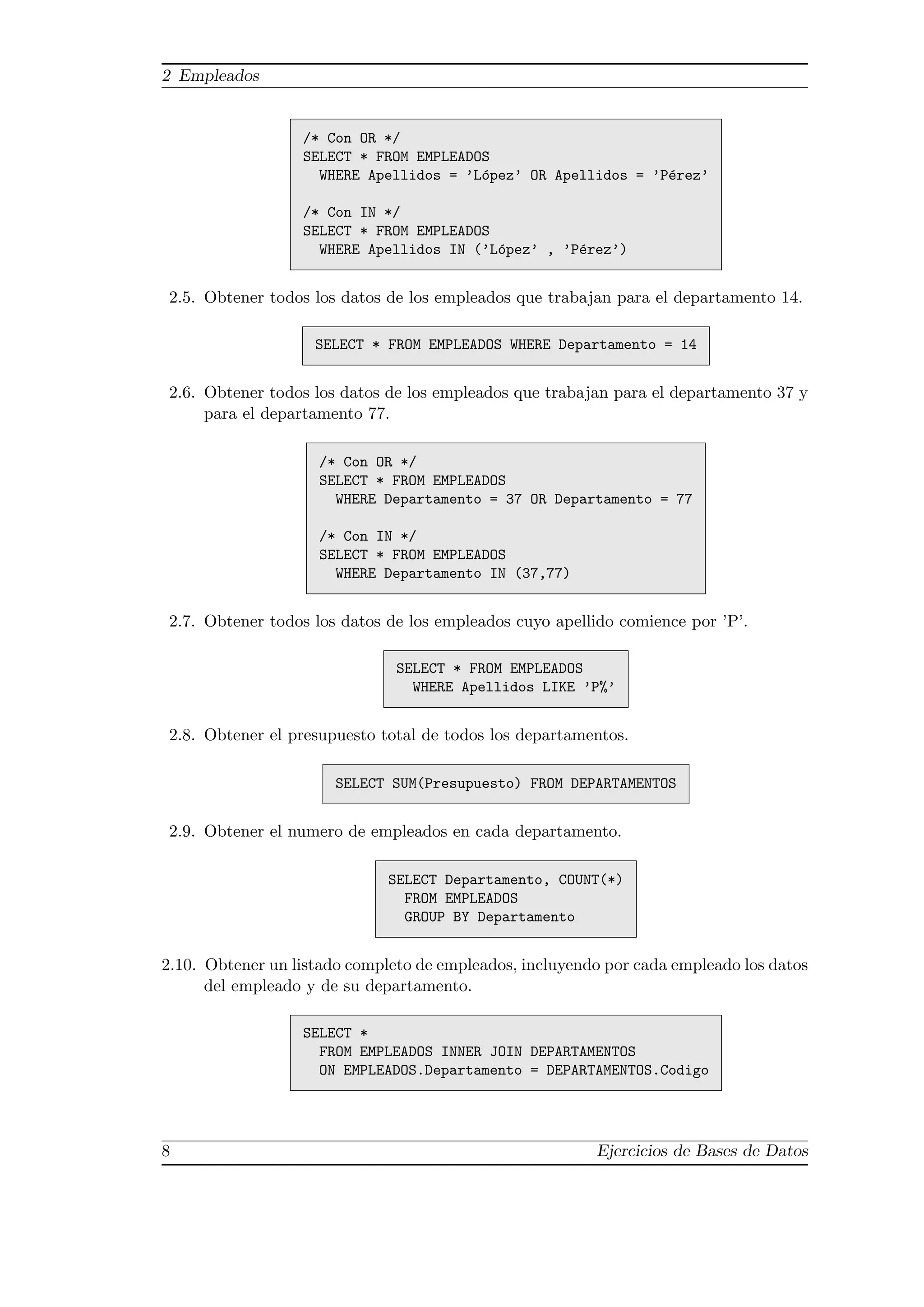 2 Empleados
/* Con OR */
SELECT * FROM EMPLEADOS
WHERE Apellidos = ’L´opez’ OR Apellidos = ’P´erez’
/* Con IN */
SELECT * FROM EMPLEADOS
WHERE Apellidos IN (’L´opez’ , ’P´erez’)
2.5. Obtener todos los datos de los empleados que trabajan para el departamento 14.
SELECT * FROM EMPLEADOS WHERE Departamento = 14
2.6. Obtener todos los datos de los empleados que trabajan para el departamento 37 y
para el departamento 77.
/* Con OR */
SELECT * FROM EMPLEADOS
WHERE Departamento = 37 OR Departamento = 77
/* Con IN */
SELECT * FROM EMPLEADOS
WHERE Departamento IN (37,77)
2.7. Obtener todos los datos de los empleados cuyo apellido comience por ’P’.
SELECT * FROM EMPLEADOS
WHERE Apellidos LIKE ’P%’
2.8. Obtener el presupuesto total de todos los departamentos.
SELECT SUM(Presupuesto) FROM DEPARTAMENTOS
2.9. Obtener el numero de empleados en cada departamento.
SELECT Departamento, COUNT(*)
FROM EMPLEADOS
GROUP BY Departamento
2.10. Obtener un listado completo de empleados, incluyendo por cada empleado los datos
del empleado y de su departamento.
SELECT *
FROM EMPLEADOS INNER JOIN DEPARTAMENTOS
ON EMPLEADOS.Departamento = DEPARTAMENTOS.Codigo
8 Ejercicios de Bases de Datos
 