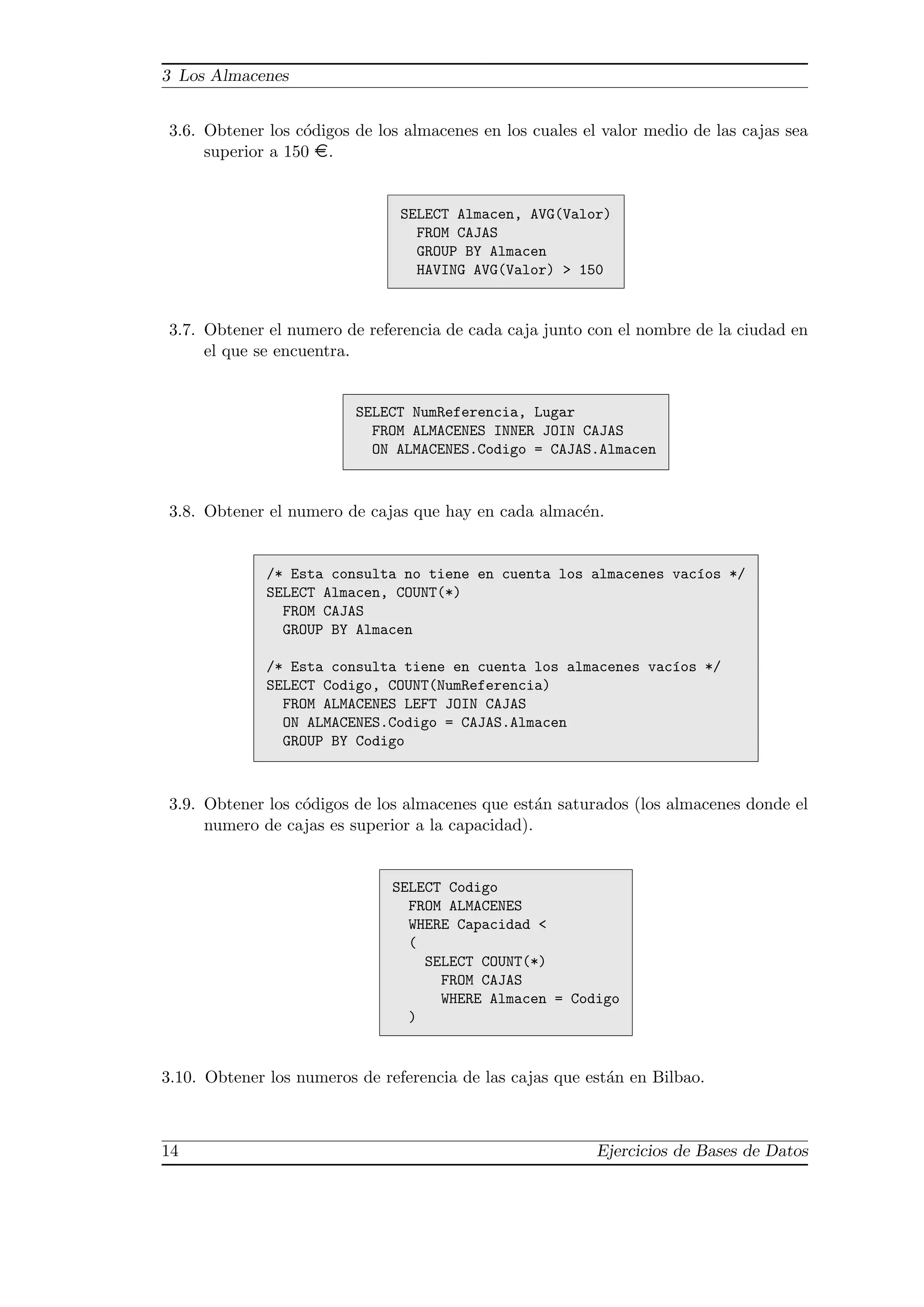 3 Los Almacenes
3.6. Obtener los c´odigos de los almacenes en los cuales el valor medio de las cajas sea
superior a 150 ¤.
SELECT Almacen, AVG(Valor)
FROM CAJAS
GROUP BY Almacen
HAVING AVG(Valor) > 150
3.7. Obtener el numero de referencia de cada caja junto con el nombre de la ciudad en
el que se encuentra.
SELECT NumReferencia, Lugar
FROM ALMACENES INNER JOIN CAJAS
ON ALMACENES.Codigo = CAJAS.Almacen
3.8. Obtener el numero de cajas que hay en cada almac´en.
/* Esta consulta no tiene en cuenta los almacenes vac´ıos */
SELECT Almacen, COUNT(*)
FROM CAJAS
GROUP BY Almacen
/* Esta consulta tiene en cuenta los almacenes vac´ıos */
SELECT Codigo, COUNT(NumReferencia)
FROM ALMACENES LEFT JOIN CAJAS
ON ALMACENES.Codigo = CAJAS.Almacen
GROUP BY Codigo
3.9. Obtener los c´odigos de los almacenes que est´an saturados (los almacenes donde el
numero de cajas es superior a la capacidad).
SELECT Codigo
FROM ALMACENES
WHERE Capacidad <
(
SELECT COUNT(*)
FROM CAJAS
WHERE Almacen = Codigo
)
3.10. Obtener los numeros de referencia de las cajas que est´an en Bilbao.
14 Ejercicios de Bases de Datos
 