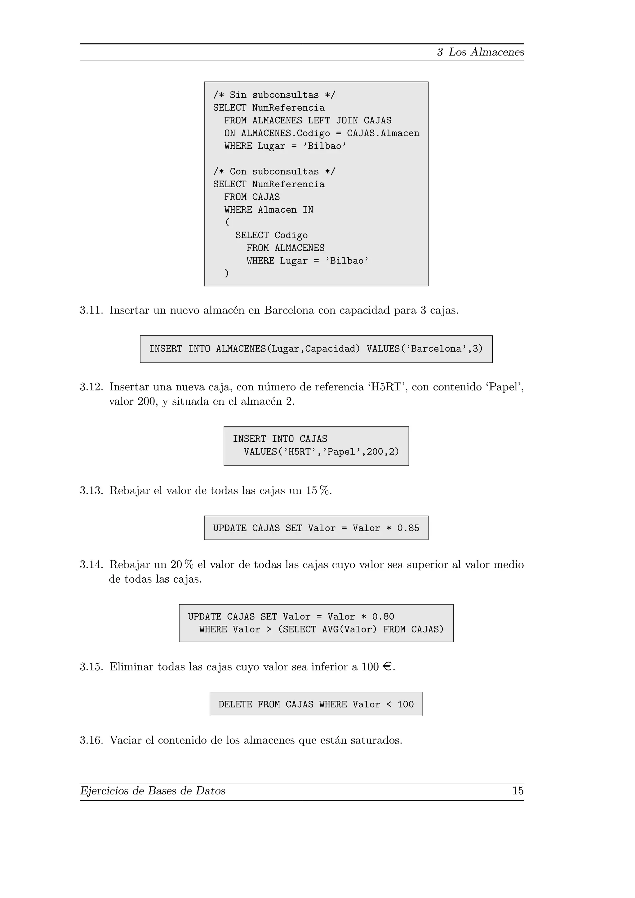 3 Los Almacenes
/* Sin subconsultas */
SELECT NumReferencia
FROM ALMACENES LEFT JOIN CAJAS
ON ALMACENES.Codigo = CAJAS.Almacen
WHERE Lugar = ’Bilbao’
/* Con subconsultas */
SELECT NumReferencia
FROM CAJAS
WHERE Almacen IN
(
SELECT Codigo
FROM ALMACENES
WHERE Lugar = ’Bilbao’
)
3.11. Insertar un nuevo almac´en en Barcelona con capacidad para 3 cajas.
INSERT INTO ALMACENES(Lugar,Capacidad) VALUES(’Barcelona’,3)
3.12. Insertar una nueva caja, con n´umero de referencia ‘H5RT’, con contenido ‘Papel’,
valor 200, y situada en el almac´en 2.
INSERT INTO CAJAS
VALUES(’H5RT’,’Papel’,200,2)
3.13. Rebajar el valor de todas las cajas un 15 %.
UPDATE CAJAS SET Valor = Valor * 0.85
3.14. Rebajar un 20 % el valor de todas las cajas cuyo valor sea superior al valor medio
de todas las cajas.
UPDATE CAJAS SET Valor = Valor * 0.80
WHERE Valor > (SELECT AVG(Valor) FROM CAJAS)
3.15. Eliminar todas las cajas cuyo valor sea inferior a 100 ¤.
DELETE FROM CAJAS WHERE Valor < 100
3.16. Vaciar el contenido de los almacenes que est´an saturados.
Ejercicios de Bases de Datos 15
 