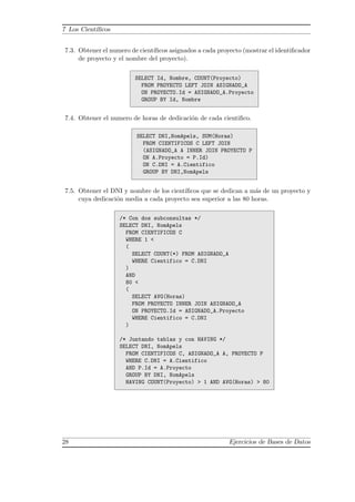 7 Los Cient´ıﬁcos
7.3. Obtener el numero de cient´ıﬁcos asignados a cada proyecto (mostrar el identiﬁcador
de proyecto y el nombre del proyecto).
SELECT Id, Nombre, COUNT(Proyecto)
FROM PROYECTO LEFT JOIN ASIGNADO_A
ON PROYECTO.Id = ASIGNADO_A.Proyecto
GROUP BY Id, Nombre
7.4. Obtener el numero de horas de dedicaci´on de cada cientiﬁco.
SELECT DNI,NomApels, SUM(Horas)
FROM CIENTIFICOS C LEFT JOIN
(ASIGNADO_A A INNER JOIN PROYECTO P
ON A.Proyecto = P.Id)
ON C.DNI = A.Cientifico
GROUP BY DNI,NomApels
7.5. Obtener el DNI y nombre de los cient´ıﬁcos que se dedican a m´as de un proyecto y
cuya dedicaci´on media a cada proyecto sea superior a las 80 horas.
/* Con dos subconsultas */
SELECT DNI, NomApels
FROM CIENTIFICOS C
WHERE 1 <
(
SELECT COUNT(*) FROM ASIGNADO_A
WHERE Cientifico = C.DNI
)
AND
80 <
(
SELECT AVG(Horas)
FROM PROYECTO INNER JOIN ASIGNADO_A
ON PROYECTO.Id = ASIGNADO_A.Proyecto
WHERE Cientifico = C.DNI
)
/* Juntando tablas y con HAVING */
SELECT DNI, NomApels
FROM CIENTIFICOS C, ASIGNADO_A A, PROYECTO P
WHERE C.DNI = A.Cientifico
AND P.Id = A.Proyecto
GROUP BY DNI, NomApels
HAVING COUNT(Proyecto) > 1 AND AVG(Horas) > 80
28 Ejercicios de Bases de Datos
 