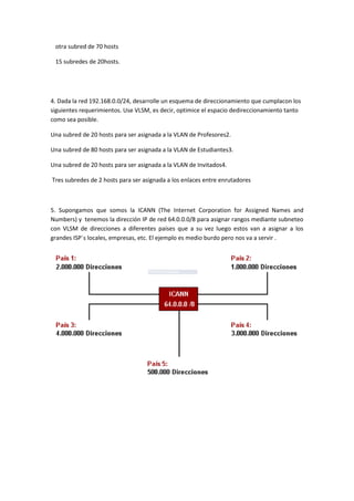 otra subred de 70 hosts
15 subredes de 20hosts.
4. Dada la red 192.168.0.0/24, desarrolle un esquema de direccionamiento que cumplacon los
siguientes requerimientos. Use VLSM, es decir, optimice el espacio dedireccionamiento tanto
como sea posible.
Una subred de 20 hosts para ser asignada a la VLAN de Profesores2.
Una subred de 80 hosts para ser asignada a la VLAN de Estudiantes3.
Una subred de 20 hosts para ser asignada a la VLAN de Invitados4.
Tres subredes de 2 hosts para ser asignada a los enlaces entre enrutadores
5. Supongamos que somos la ICANN (The Internet Corporation for Assigned Names and
Numbers) y tenemos la dirección IP de red 64.0.0.0/8 para asignar rangos mediante subneteo
con VLSM de direcciones a diferentes países que a su vez luego estos van a asignar a los
grandes ISP´s locales, empresas, etc. El ejemplo es medio burdo pero nos va a servir .
 