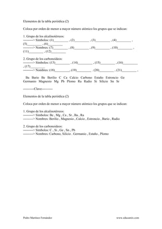 Pedro Martínez Fernández www.educamix.com
Elementos de la tabla periódica (2)
Coloca por orden de menor a mayor número atómico los grupos que se indican:
1. Grupo de los alcalinotérreos:
---------> Símbolos: (1)_________ , (2)_________ , (3)_________ , (4)_________ ,
(5)_________ , (6)_________
---------> Nombres: (7)_________ , (8)_________ , (9)_________ , (10)_________ ,
(11)_________ , (12)_________
2. Grupo de los carbonoideos:
---------> Símbolos: (13)_________ , (14)_________ , (15)_________ , (16)_________
, (17)_________
---------> Nombres: (18)_________, (19)_________ . (20)_________ , (21)_________ ,
Ba Bario Be Berilio C Ca Calcio Carbono Estaño Estroncio Ge
Germanio Magnesio Mg Pb Plomo Ra Radio Si Silicio Sn Sr
----------Clave----------
Elementos de la tabla periódica (2)
Coloca por orden de menor a mayor número atómico los grupos que se indican:
1. Grupo de los alcalinotérreos:
---------> Símbolos: Be , Mg , Ca , Sr , Ba , Ra
---------> Nombres: Berilio , Magnesio , Calcio , Estroncio , Bario , Radio
2. Grupo de los carbonoideos:
---------> Símbolos: C , Si , Ge , Sn , Pb
---------> Nombres: Carbono, Silicio . Germanio , Estaño , Plomo
 