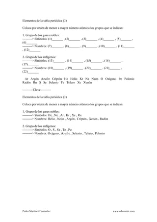 Pedro Martínez Fernández www.educamix.com
Elementos de la tabla periódica (3)
Coloca por orden de menor a mayor número atómico los grupos que se indican:
1. Grupo de los gases nobles:
---------> Símbolos: (1)_______ , (2)_______ , (3)_______ , (4)_______ , (5)_______ ,
(6)_______
---------> Nombres: (7)_______ , (8)_______ , (9)_______ , (10)_______ , (11)_______
, (12)_______
2. Grupo de los anfígenos:
---------> Símbolos: (13)_______ , (14)_______ , (15)_______ , (16)_______ ,
(17)_______
---------> Nombres: (18)_______ , (19)_______ , (20)_______ , (21)_______ ,
(22)_______
Ar Argón Azufre Criptón He Helio Kr Ne Neón O Oxígeno Po Polonio
Radón Rn S Se Selenio Te Teluro Xe Xenón
----------Clave----------
Elementos de la tabla periódica (3)
Coloca por orden de menor a mayor número atómico los grupos que se indican:
1. Grupo de los gases nobles:
---------> Símbolos: He , Ne , Ar , Kr , Xe , Rn
---------> Nombres: Helio , Neón , Argón , Criptón , Xenón , Radón
2. Grupo de los anfígenos:
---------> Símbolos: O , S , Se , Te , Po
---------> Nombres: Oxígeno , Azufre , Selenio , Teluro , Polonio
 