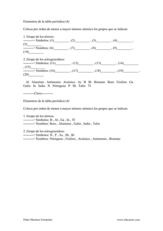 Pedro Martínez Fernández www.educamix.com
Elementos de la tabla periódica (4)
Coloca por orden de menor a mayor número atómico los grupos que se indican:
1. Grupo de los térreos:
---------> Símbolos: (1)_________ , (2)_________ , (3)_________ , (4)_________ ,
(5)_________
---------> Nombres: (6)_________ , (7)_________ , (8)_________ , (9)_________ ,
(10)_________
2. Grupo de los nitrogenoideos:
---------> Símbolos: (11)_________ , (12)_________ , (13)_________ , (14)_________
, (15)_________
---------> Nombres: (16)_________ , (17)_________ , (18)_________ , (19)_________ ,
(20)_________
Al Aluminio Antimonio Arsénico As B Bi Bismuto Boro Fósforo Ga
Galio In Indio N Nitrógeno P Sb Talio Tl
----------Clave----------
Elementos de la tabla periódica (4)
Coloca por orden de menor a mayor número atómico los grupos que se indican:
1. Grupo de los térreos:
---------> Símbolos: B , Al , Ga , In , Tl
---------> Nombres: Boro , Aluminio , Galio , Indio , Talio
2. Grupo de los nitrogenoideos:
---------> Símbolos: N , P , As , Sb , Bi
---------> Nombres: Nitrógeno , Fósforo , Arsénico , Antimonio , Bismuto
 