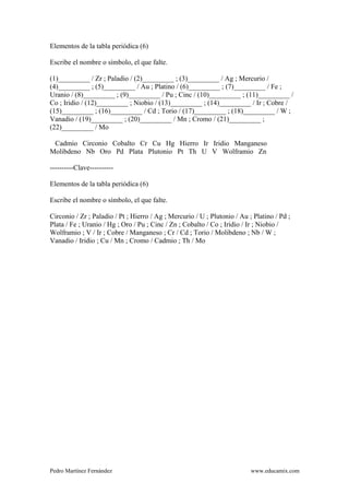 Pedro Martínez Fernández www.educamix.com
Elementos de la tabla periódica (6)
Escribe el nombre o símbolo, el que falte.
(1)_________ / Zr ; Paladio / (2)_________ ; (3)_________ / Ag ; Mercurio /
(4)_________ ; (5)_________ / Au ; Platino / (6)_________ ; (7)_________ / Fe ;
Uranio / (8)_________ ; (9)_________ / Pu ; Cinc / (10)_________ ; (11)_________ /
Co ; Iridio / (12)_________ ; Niobio / (13)_________ ; (14)_________ / Ir ; Cobre /
(15)_________ ; (16)_________ / Cd ; Torio / (17)_________ ; (18)_________ / W ;
Vanadio / (19)_________ ; (20)_________ / Mn ; Cromo / (21)_________ ;
(22)_________ / Mo
Cadmio Circonio Cobalto Cr Cu Hg Hierro Ir Iridio Manganeso
Molibdeno Nb Oro Pd Plata Plutonio Pt Th U V Wolframio Zn
----------Clave----------
Elementos de la tabla periódica (6)
Escribe el nombre o símbolo, el que falte.
Circonio / Zr ; Paladio / Pt ; Hierro / Ag ; Mercurio / U ; Plutonio / Au ; Platino / Pd ;
Plata / Fe ; Uranio / Hg ; Oro / Pu ; Cinc / Zn ; Cobalto / Co ; Iridio / Ir ; Niobio /
Wolframio ; V / Ir ; Cobre / Manganeso ; Cr / Cd ; Torio / Molibdeno ; Nb / W ;
Vanadio / Iridio ; Cu / Mn ; Cromo / Cadmio ; Th / Mo
 