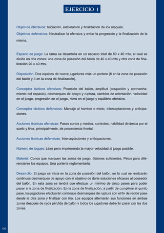 Objetivos ofensivos: Iniciación, elaboración y finalización de los ataques. 
Objetivos defensivos: Neutralizar la ofensiva y evitar la progresión y la finalización de la 
misma. 
Espacio de juego: La tarea se desarrolla en un espacio total de 60 x 40 mts, el cual se 
divide en dos zonas: una zona de posesión del balón de 40 x 40 mts y otra zona de fina-lización 
20 x 40 mts. 
Disposición: Dos equipos de nueve jugadores más un portero (6 en la zona de posesión 
del balón y 3 en la zona de finalización). 
Conceptos tácticos ofensivos: Posesión del balón, amplitud (ocupación y aprovecha-miento 
del espacio), desmarques de apoyo y ruptura, cambios de orientación, velocidad 
en el juego, progresión en el juego, ritmo en el juego y equilibrio ofensivo. 
Conceptos tácticos defensivos: Marcaje al hombre o mixto, interceptaciones y anticipa-ciones. 
Acciones técnicas ofensivas: Pases cortos y medios, controles, habilidad dinámica por el 
suelo y tiros, principalmente, de procedencia frontal. 
Acciones técnicas defensivas: Interceptaciones y anticipaciones. 
Número de toques: Libre pero imprimiendo la mayor velocidad al juego posible. 
Material: Conos que marquen las zonas de juego. Balones suficientes. Petos para dife-renciarse 
los equipos. Una portería reglamentaría. 
Desarrollo: El juego se inicia en la zona de posesión del balón, en la cual se realizarán 
continuos desmarques de apoyo con el objetivo de darle soluciones eficaces al poseedor 
del balón. En esta zona se tendrá que efectuar un mínimo de cinco pases para poder 
pasar a la zona de finalización. En la zona de finalización, a partir de cumplirse el quinto 
pase, los jugadores efectuarán continuos desmarques de ruptura con el fin de recibir pase 
desde la otra zona y finalizar con tiro. Los equipos alternarán sus funciones en ambas 
zonas después de cada pérdida de balón y todos los jugadores deberán pasar por las dos 
zonas. 
100 
EJERCICIO 1 
 