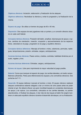Objetivos ofensivos: Iniciación, elaboración y finalización de los ataques. 
Objetivos defensivos: Neutralizar la ofensiva y evitar la progresión y la finalización de la 
misma. 
Espacio de juego: Se utiliza un terreno de juego de 60 x 40 mts. 
Disposición: Dos equipos de seis jugadores más un portero y un comodín ofensivo situa-do 
en cada carril lateral. 
Conceptos tácticos ofensivos: Posesión del balón, amplitud, desmarques de apoyo y rup-tura, 
cambios de orientación, creación, ocupación y aprovechamiento de los espacios 
libres, velocidad en el juego, progresión en el juego y equilibrio ofensivo. 
Conceptos tácticos defensivos: Marcaje al hombre o mixto, coberturas, permutas, replie-gues, 
temporizaciones, presión, entradas, cargas y anticipaciones. 
Acciones técnicas ofensivas: Pases cortos y medios, controles, habilidad dinámica por el 
suelo, regates y tiros. 
Acciones técnicas defensivas: Entradas, cargas y anticipaciones. 
Número de toques: Libre pero imprimiendo la mayor velocidad al juego posible. 
Material: Conos que marquen el espacio de juego, los carriles laterales y el medio campo. 
Balones suficientes. Petos para diferenciarse los equipos y los comodines ofensivos. Dos 
porterías de F-11. 
Desarrollo: El equipo defensor marcará al hombre o mixto. El equipo ofensivo realizará 
ataques combinativos estando obligado a dar un mínimo de ocho pases antes de poder 
intentar el gol. Se deberá ofrecer una gran movilidad basada en constantes desmarques 
de apoyo y de ruptura. Los comodines, colocados en los carriles laterales, no podrán 
abandonarlos, ni finalizar los ataques, ni dar más de dos toques al balón Se exigirá man-tener 
un adecuado equilibrio ofensivo durante el desarrollo del ataque y en su finalización. 
110 
EJERCICIO 6 
 