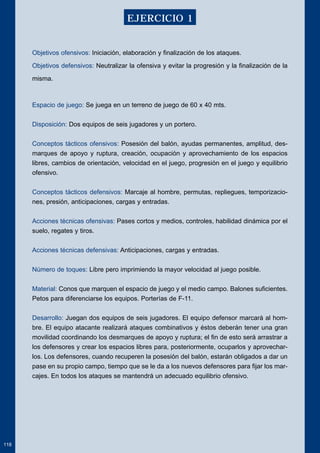 Objetivos ofensivos: Iniciación, elaboración y finalización de los ataques. 
Objetivos defensivos: Neutralizar la ofensiva y evitar la progresión y la finalización de la 
misma. 
Espacio de juego: Se juega en un terreno de juego de 60 x 40 mts. 
Disposición: Dos equipos de seis jugadores y un portero. 
Conceptos tácticos ofensivos: Posesión del balón, ayudas permanentes, amplitud, des-marques 
de apoyo y ruptura, creación, ocupación y aprovechamiento de los espacios 
libres, cambios de orientación, velocidad en el juego, progresión en el juego y equilibrio 
ofensivo. 
Conceptos tácticos defensivos: Marcaje al hombre, permutas, repliegues, temporizacio-nes, 
presión, anticipaciones, cargas y entradas. 
Acciones técnicas ofensivas: Pases cortos y medios, controles, habilidad dinámica por el 
suelo, regates y tiros. 
Acciones técnicas defensivas: Anticipaciones, cargas y entradas. 
Número de toques: Libre pero imprimiendo la mayor velocidad al juego posible. 
Material: Conos que marquen el espacio de juego y el medio campo. Balones suficientes. 
Petos para diferenciarse los equipos. Porterías de F-11. 
Desarrollo: Juegan dos equipos de seis jugadores. El equipo defensor marcará al hom-bre. 
El equipo atacante realizará ataques combinativos y éstos deberán tener una gran 
movilidad coordinando los desmarques de apoyo y ruptura; el fin de esto será arrastrar a 
los defensores y crear los espacios libres para, posteriormente, ocuparlos y aprovechar-los. 
Los defensores, cuando recuperen la posesión del balón, estarán obligados a dar un 
pase en su propio campo, tiempo que se le da a los nuevos defensores para fijar los mar-cajes. 
En todos los ataques se mantendrá un adecuado equilibrio ofensivo. 
118 
EJERCICIO 1 
 