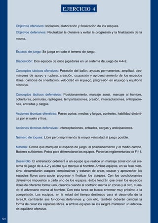 Objetivos ofensivos: Iniciación, elaboración y finalización de los ataques. 
Objetivos defensivos: Neutralizar la ofensiva y evitar la progresión y la finalización de la 
misma. 
Espacio de juego: Se juega en todo el terreno de juego. 
Disposición: Dos equipos de once jugadores en un sistema de juego de 4-4-2. 
Conceptos tácticos ofensivos: Posesión del balón, ayudas permanentes, amplitud, des-marques 
de apoyo y ruptura, creación, ocupación y aprovechamiento de los espacios 
libres, cambios de orientación, velocidad en el juego, progresión en el juego y equilibrio 
ofensivo. 
Conceptos tácticos defensivos: Posicionamiento, marcaje zonal, marcaje al hombre, 
coberturas, permutas, repliegues, temporizaciones, presión, interceptaciones, anticipacio-nes, 
entradas y cargas. 
Acciones técnicas ofensivas: Pases cortos, medios y largos, controles, habilidad dinámi-ca 
por el suelo y tiros. 
Acciones técnicas defensivas: Interceptaciones, entradas, cargas y anticipaciones. 
Número de toques: Libre pero imprimiendo la mayor velocidad al juego posible. 
Material: Conos que marquen el espacio de juego, el posicionamiento y el medio campo. 
Balones suficientes. Petos para diferenciarse los equipos. Porterías reglamentarias de F-11. 
Desarrollo: El entrenador ordenará a un equipo que realice un marcaje zonal con un sis-tema 
de juego de 4-4-2 y al otro que marque al hombre. Ambos equipos, en su fase ofen-siva, 
desarrollarán ataques combinativos y tratarán de crear, ocupar y aprovechar los 
espacios libres para poder progresar y finalizar los ataques. Con los condicionantes 
defensivos impuestos a cada uno de los equipos, éstos tendrán que crear los espacios 
libres de diferente forma: uno, crearlos cuando el contrario marca en zonas y el otro, cuan-do 
el adversario marca al hombre. Con esta tarea se busca entrenar muy próximo a la 
competición. Los equipos, en la mitad del tiempo destinado para el desarrollo de la 
tarea,0. cambiarán sus funciones defensivas y, con ello, también deberán cambiar la 
forma de crear los espacios libres. A ambos equipos se les exigirá mantener un adecua-do 
equilibrio ofensivo. 
124 
EJERCICIO 4 
 