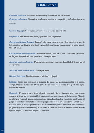 Objetivos ofensivos: Iniciación, elaboración y finalización de los ataques. 
Objetivos defensivos: Neutralizar la ofensiva y evitar la progresión y la finalización de la 
misma. 
Espacio de juego: Se juega en un terreno de juego de 60 x 40 mts. 
Disposición: Dos equipos de siete jugadores más un portero. 
Conceptos tácticos ofensivos: Posesión del balón, desmarques, ritmo en el juego, ampli-tud 
ofensiva, cambios de orientación, velocidad en el juego, progresión en el juego y equi-librio 
ofensivo. 
Conceptos tácticos defensivos: Posicionamientos, marcaje zonal, coberturas, permutas, 
repliegues, temporizaciones, presión e interceptaciones. 
Acciones técnicas ofensivas: Pases cortos y medios, controles, habilidad dinámica por el 
suelo y tiros. 
Acciones técnicas defensivas: Interceptaciones. 
Número de toques: Dos toques como máximo por jugador. 
Material: Conos que marquen el espacio de juego, los posicionamientos y el medio 
campo. Balones suficientes. Petos para diferenciarse los equipos. Dos porterías regla-mentarías 
de F-11. 
Desarrollo: El entrenador indicará el posicionamiento del equipo defensivo, marcará en 
zonas y aplicará los conceptos tácticos defensivos mencionados anteriormente. El equi-po 
ofensivo realizará ataques combinativos estando obligado a mantener un ritmo en el 
juego constante durante todo el ataque: juego a dos toques en pases cortos y medios, se 
buscará llevar el ataque por las zonas menos sobrecargada de contrarios para intentar la 
progresión y finalización del ataque. Tanto en el desarrollo como en la finalización del ata-que 
se exigirá un adecuado equilibrio ofensivo. 
132 
EJERCICIO 2 
 