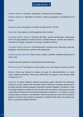 Objetivos ofensivos: Iniciación, elaboración y finalización de los ataques. 
Objetivos defensivos: Neutralizar la ofensiva y evitar la progresión y la finalización de la 
misma. 
Espacio de juego: Se juega en un terreno de juego de 60 x 40 mts. 
Disposición: Dos equipos de siete jugadores más un portero. 
Conceptos tácticos ofensivos: Posesión del balón, ayudas permanentes, desmarques, 
ritmo en el juego basado en cambios de ritmo, amplitud ofensiva, cambios de orientación, 
velocidad en el juego, progresión en el juego y equilibrio ofensivo. 
Conceptos tácticos defensivos: Posicionamientos, marcaje zonal, coberturas, permutas, 
repliegues, temporizaciones, presión e interceptaciones. 
Acciones técnicas ofensivas: Pases cortos y medios, controles, habilidad dinámica por el 
suelo y tiros. 
Acciones técnicos defensivos: Principalmente interceptaciones. 
Número de toques: Tres toques en campo propio y uno o dos toques en campo contrario. 
Material: Conos que marquen el espacio de juego, los posicionamientos y el medio 
campo. Balones suficientes. Petos para diferenciarse los equipos. Dos porterías regla-mentarías 
de F-11. 
Desarrollo: El equipo defensivo deberá posicionarse según indicación del entrenador, 
marcará en zonas y aplicará los conceptos tácticos defensivos expuestos anteriormente. 
El equipo ofensivo realizará ataques combinativos estando obligado a mantener un ritmo 
en el juego basado en cambios de ritmo durante todos los ataques: tres toques en propio 
campo (fase de iniciación lenta) buscando seguridad y precisión y 1 ó 2 toques en campo 
contrario (fase de creación y de finalización rápida) buscando las zonas menos sobrecar-gadas 
de contrarios para intentar la progresión y finalización del ataque. Se exigirá man-tener 
un adecuado equilibrio ofensivo. 
134 
EJERCICIO 3 
 
