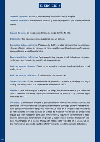 Objetivos ofensivos: Iniciación, elaboración y finalización de los ataques. 
Objetivos defensivos: Neutralizar la ofensiva y evitar la progresión y la finalización de la 
misma. 
Espacio de juego: Se juega en un terreno de juego de 60 x 40 mts. 
Disposición: Dos equipos de siete jugadores más un portero. 
Conceptos tácticos ofensivos: Posesión del balón, ayudas permanentes, desmarques, 
ritmo en el juego basado en cambios de ritmo, amplitud, cambios de orientación, progre-sión 
en el juego y equilibrio ofensivo. 
Conceptos tácticos defensivos: Posicionamientos, marcaje zonal, coberturas, permutas, 
repliegues, temporizaciones, presión e interceptaciones. 
Acciones técnicas ofensivas: Pases cortos y medios, controles, habilidad dinámica por el 
suelo y tiros. 
Acciones técnicas defensivas: Principalmente interceptaciones. 
Número de toques: En las zonas de iniciación y creación los precisos para jugar con segu-ridad 
y precisión y uno o dos toques en la zona de finalización. 
Material: Conos que marquen el espacio de juego, los posicionamientos y el medio del 
campo. Balones suficientes. Petos para diferenciarse los equipos. Dos porterías regla-mentarías 
de F-11. 
Desarrollo: El entrenador indicará el posicionamiento, marcará en zonas y aplicará los 
conceptos tácticos defensivos expuestos anteriormente. El equipo ofensivo realizará ata-ques 
combinativos estando obligado a mantener un ritmo en el juego basado en cambios 
de ritmo durante todos los ataques: en la fase de iniciación y en la fase de creación los 
toques que sean necesarios para jugar con precisión y seguridad; se mantendrá la pose-sión 
del balón hasta tener clara la progresión y poder obtener la mejor finalización (ata-ques 
muy largos) y en la fase de finalización 1 toque (alta velocidad en el juego). Se exi-girá 
mantener un adecuado equilibrio ofensivo durante y en la finalización del ataque. 
138 
EJERCICIO 5 
 