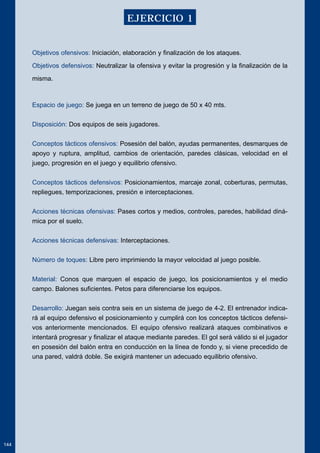 Objetivos ofensivos: Iniciación, elaboración y finalización de los ataques. 
Objetivos defensivos: Neutralizar la ofensiva y evitar la progresión y la finalización de la 
misma. 
Espacio de juego: Se juega en un terreno de juego de 50 x 40 mts. 
Disposición: Dos equipos de seis jugadores. 
Conceptos tácticos ofensivos: Posesión del balón, ayudas permanentes, desmarques de 
apoyo y ruptura, amplitud, cambios de orientación, paredes clásicas, velocidad en el 
juego, progresión en el juego y equilibrio ofensivo. 
Conceptos tácticos defensivos: Posicionamientos, marcaje zonal, coberturas, permutas, 
repliegues, temporizaciones, presión e interceptaciones. 
Acciones técnicas ofensivas: Pases cortos y medios, controles, paredes, habilidad diná-mica 
por el suelo. 
Acciones técnicas defensivas: Interceptaciones. 
Número de toques: Libre pero imprimiendo la mayor velocidad al juego posible. 
Material: Conos que marquen el espacio de juego, los posicionamientos y el medio 
campo. Balones suficientes. Petos para diferenciarse los equipos. 
Desarrollo: Juegan seis contra seis en un sistema de juego de 4-2. El entrenador indica-rá 
al equipo defensivo el posicionamiento y cumplirá con los conceptos tácticos defensi-vos 
anteriormente mencionados. El equipo ofensivo realizará ataques combinativos e 
intentará progresar y finalizar el ataque mediante paredes. El gol será válido si el jugador 
en posesión del balón entra en conducción en la línea de fondo y, si viene precedido de 
una pared, valdrá doble. Se exigirá mantener un adecuado equilibrio ofensivo. 
144 
EJERCICIO 1 
 