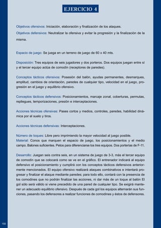 Objetivos ofensivos: Iniciación, elaboración y finalización de los ataques. 
Objetivos defensivos: Neutralizar la ofensiva y evitar la progresión y la finalización de la 
misma. 
Espacio de juego: Se juega en un terreno de juego de 60 x 40 mts. 
Disposición: Tres equipos de seis jugadores y dos porteros. Dos equipos juegan entre sí 
y el tercer equipo actúa de comodín (receptores de paredes). 
Conceptos tácticos ofensivos: Posesión del balón, ayudas permanentes, desmarques, 
amplitud, cambios de orientación, paredes de cualquier tipo, velocidad en el juego, pro-gresión 
en el juego y equilibrio ofensivo. 
Conceptos tácticos defensivos: Posicionamientos, marcaje zonal, coberturas, permutas, 
repliegues, temporizaciones, presión e interceptaciones. 
Acciones técnicas ofensivas: Pases cortos y medios, controles, paredes, habilidad diná-mica 
por el suelo y tiros. 
Acciones técnicas defensivas: Interceptaciones. 
Número de toques: Libre pero imprimiendo la mayor velocidad al juego posible. 
Material: Conos que marquen el espacio de juego, los posicionamientos y el medio 
campo. Balones suficientes. Petos para diferenciarse los tres equipos. Dos porterías de F-11. 
Desarrollo: Juegan seis contra seis, en un sistema de juego de 3-3, más el tercer equipo 
de comodín que se colocará como se ve en el gráfico. El entrenador indicará al equipo 
defensivo el posicionamiento y cumplirá con los conceptos tácticos defensivos anterior-mente 
mencionados. El equipo ofensivo realizará ataques combinativos e intentará pro-gresar 
y finalizar el ataque mediante paredes; para todo ello, contará con la presencia de 
los comodines que no podrán finalizar las acciones, ni dar más de un toque al balón El 
gol sólo será válido si viene precedido de una pared de cualquier tipo. Se exigirá mante-ner 
un adecuado equilibrio ofensivo. Después de cada gol los equipos alternarán sus fun-ciones, 
pasando los defensores a realizar funciones de comodines y éstos de defensores. 
150 
EJERCICIO 4 
 