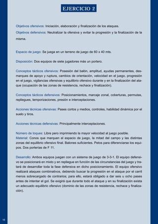Objetivos ofensivos: Iniciación, elaboración y finalización de los ataques. 
Objetivos defensivos: Neutralizar la ofensiva y evitar la progresión y la finalización de la 
misma. 
Espacio de juego: Se juega en un terreno de juego de 60 x 40 mts. 
Disposición: Dos equipos de siete jugadores más un portero. 
Conceptos tácticos ofensivos: Posesión del balón, amplitud, ayudas permanentes, des-marques 
de apoyo y ruptura, cambios de orientación, velocidad en el juego, progresión 
en el juego, vigilancias ofensivas y equilibrio ofensivo durante y en la finalización del ata-que 
(ocupación de las zonas de resistencia, rechace y finalización). 
Conceptos tácticos defensivos: Posicionamientos, marcaje zonal, coberturas, permutas, 
repliegues, temporizaciones, presión e interceptaciones. 
Acciones técnicas ofensivas: Pases cortos y medios, controles, habilidad dinámica por el 
suelo y tiros. 
Acciones técnicas defensivas: Principalmente interceptaciones. 
Número de toques: Libre pero imprimiendo la mayor velocidad al juego posible. 
Material: Conos que marquen el espacio de juego, la mitad del campo y las distintas 
zonas del equilibrio ofensivo final. Balones suficientes. Petos para diferenciarse los equi-pos. 
Dos porterías de F 11. 
Desarrollo: Ambos equipos juegan con un sistema de juego de 3-3-1. El equipo defensi-vo 
se posicionará en mixto y en repliegue en función de las circunstancias del juego y tra-tará 
de desarrollar toda la fase defensiva en dicho posicionamiento. El equipo ofensivo 
realizará ataques combinativos, debiendo buscar la progresión en el ataque por el carril 
menos sobrecargado de contrarios; para ello, estará obligado a dar seis u ocho pases 
antes de intentar el gol. Se exigirá que durante todo el ataque y en su finalización exista 
un adecuado equilibrio ofensivo (dominio de las zonas de resistencia, rechace y finaliza-ción). 
16 
EJERCICIO 2 
 