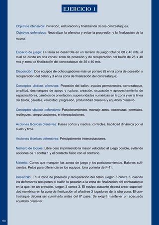 Objetivos ofensivos: Iniciación, elaboración y finalización de los contraataques. 
Objetivos defensivos: Neutralizar la ofensiva y evitar la progresión y la finalización de la 
misma. 
Espacio de juego: La tarea se desarrolla en un terreno de juego total de 60 x 40 mts, el 
cual se divide en dos zonas: zona de posesión y de recuperación del balón de 25 x 40 
mts y zona de finalización del contraataque de 35 x 40 mts. 
Disposición: Dos equipos de ocho jugadores más un portero (5 en la zona de posesión y 
recuperación del balón y 3 en la zona de finalización del contraataque). 
Conceptos tácticos ofensivos: Posesión del balón, ayudas permanentes, contraataque, 
amplitud, desmarques de apoyo y ruptura, creación, ocupación y aprovechamiento de 
espacios libres, cambios de orientación, superioridades numéricas en la zona y en la línea 
del balón, paredes, velocidad, progresión, profundidad ofensiva y equilibrio ofensivo. 
Conceptos tácticos defensivos: Posicionamientos, marcaje zonal, coberturas, permutas, 
repliegues, temporizaciones, e interceptaciones. 
Acciones técnicas ofensivas: Pases cortos y medios, controles, habilidad dinámica por el 
suelo y tiros. 
Acciones técnicas defensivas: Principalmente interceptaciones. 
Número de toques: Libre pero imprimiendo la mayor velocidad al juego posible, evitando 
acciones de 1 contra 1 y el contacto físico con el contrario. 
Material: Conos que marquen las zonas de juego y los posicionamientos. Balones sufi-cientes. 
Petos para diferenciarse los equipos. Una portería de F-11. 
Desarrollo: En la zona de posesión y recuperación del balón juegan 5 contra 5; cuando 
los defensores recuperen el balón lo pasarán a la zona de finalización del contraataque 
en la que, en un principio, juegan 3 contra 3. El equipo atacante deberá crear superiori-dad 
numérica en la zona de finalización al añadirse 3 jugadores de la otra zona. El con-traataque 
deberá ser culminado antes del 6º pase. Se exigirá mantener un adecuado 
equilibrio ofensivo. 
160 
EJERCICIO 1 
 