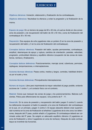 Objetivos ofensivos: Iniciación, elaboración y finalización de los contraataques. 
Objetivos defensivos: Neutralizar la ofensiva y evitar la progresión y la finalización de la 
misma. 
Espacio de juego: En un terreno de juego de 60 x 40 mts, el cual se divide en dos zonas: 
zona de posesión y de recuperación del balón de 30 x 40 mts y zona de finalización del 
contraataque 30 x 40 mts. 
Disposición: Dos equipos de ocho jugadores más un portero (5 en la zona de posesión y 
recuperación del balón y 3 en la zona de finalización del contraataque). 
Conceptos tácticos ofensivos: Posesión del balón, ayudas permanentes, contraataque, 
amplitud, desmarques de apoyo y ruptura, cambios de orientación, paredes, velocidad, 
progresión, profundidad ofensiva y equilibrio ofensivo (ocupación de las zonas de resis-tencia, 
rechace y finalización). 
Conceptos tácticos defensivos: Posicionamientos, marcaje zonal, coberturas, permutas, 
repliegues, temporizaciones, e interceptaciones. 
Acciones técnicas ofensivas: Pases cortos, medios y largos, controles, habilidad dinámi-ca 
por el suelo y tiros. 
Acciones técnicas defensivas: Principalmente interceptaciones. 
Número de toques: Libre pero imprimiendo la mayor velocidad al juego posible, evitando 
acciones de 1 contra 1 y el contacto físico con el contrario. 
Material: Conos que marquen las zonas de juego y los posicionamientos. Balones sufi-cientes. 
Petos para diferenciarse los equipos. Una portería de F - 11. 
Desarrollo: En la zona de posesión y recuperación del balón juegan 5 contra 5; cuando 
los defensores recuperen el balón lo pasarán a la zona de finalización del contraataque 
en la que, en un principio, juegan 3 contra 3. El equipo atacante deberá crear superiori-dad 
numérica en la zona de finalización al añadirse 3 jugadores de la otra zona; los defen-sores, 
después del 3º pase, podrán añadir a 3 jugadores. El contraataque deberá ser cul-minado 
antes del 6º pase. Se exigirá un adecuado equilibrio ofensivo (3 jugadores en 
zona de finalización y otros 3 jugadores en zona de rechace). Después de cada contraa-taque 
se invertirán las funciones. 
162 
EJERCICIO 2 
 