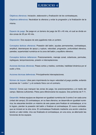 Objetivos ofensivos: Iniciación, elaboración y finalización de los contraataques. 
Objetivos defensivos: Neutralizar la ofensiva y evitar la progresión y la finalización de la 
misma. 
Espacio de juego: Se juega en un terreno de juego de 50 x 40 mts, el cual se divide en 
dos zonas de 25 por 40 mts. 
Disposición: Dos equipos de seis jugadores más un portero. 
Conceptos tácticos ofensivos: Posesión del balón, ayudas permanentes, contraataque, 
amplitud, desmarques de apoyo y ruptura, velocidad, progresión, profundidad ofensiva, 
paredes, superioridad numérica en la zona del balón y equilibrio ofensivo. 
Conceptos tácticos defensivos: Posicionamiento, marcaje zonal, coberturas, permutas, 
repliegues, temporizaciones, presión e interceptaciones. 
Acciones técnicas ofensivas: Pases cortos y medios, controles, habilidad dinámica por el 
suelo y tiros. 
Acciones técnicas defensivas: Principalmente interceptaciones. 
Número de toques: Libre pero imprimiendo la mayor velocidad al juego posible, evitando 
acciones de 1 contra 1 y el contacto físico con el contrario. 
Material: Conos que marquen las zonas de juego, los posicionamientos y el medio del 
campo. Balones suficientes. Petos para diferenciarse los equipos. Dos porterías de F-11. 
Desarrollo: Ambos equipos se disponen en igualdad numérica de 3 contra 3 en cada zona 
(mitad del campo). El contraataque, en su fase ofensiva, se desarrolla en igualdad numé-rica; 
los atacantes tendrán un máximo de seis pases para finalizar el contraataque, si no 
lo logran, pierden la posesión del balón o finalizan el contraataque. El nuevo contraata-que 
se iniciará en la otra zona. El contraataque finalizado mediante una acción colectiva 
tendrá un valor doble. Una vez finalizado el contraataque, en una zona, se alternarán las 
funciones de los equipos. 
166 
EJERCICIO 4 
 