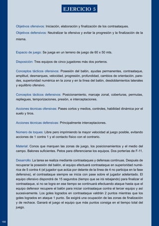 Objetivos ofensivos: Iniciación, elaboración y finalización de los contraataques. 
Objetivos defensivos: Neutralizar la ofensiva y evitar la progresión y la finalización de la 
misma. 
Espacio de juego: Se juega en un terreno de juego de 60 x 50 mts. 
Disposición: Tres equipos de cinco jugadores más dos porteros. 
Conceptos tácticos ofensivos: Posesión del balón, ayudas permanentes, contraataque, 
amplitud, desmarques, velocidad, progresión, profundidad, cambios de orientación, pare-des, 
superioridad numérica en la zona y en la línea del balón, desdoblamientos laterales 
y equilibrio ofensivo. 
Conceptos tácticos defensivos: Posicionamiento, marcaje zonal, coberturas, permutas, 
repliegues, temporizaciones, presión, e interceptaciones. 
Acciones técnicas ofensivas: Pases cortos y medios, controles, habilidad dinámica por el 
suelo y tiros. 
Acciones técnicas defensivas: Principalmente interceptaciones. 
Número de toques: Libre pero imprimiendo la mayor velocidad al juego posible, evitando 
acciones de 1 contra 1 y el contacto físico con el contrario. 
Material: Conos que marquen las zonas de juego, los posicionamientos y el medio del 
campo. Balones suficientes. Petos para diferenciarse los equipos. Dos porterías de F-11. 
Desarrollo: La tarea se realiza mediante contraataques y defensas continuas. Después de 
recuperar la posesión del balón, el equipo efectuará contraataque en superioridad numé-rica 
de 5 contra 4 (el jugador que actúa por delante de la línea de 4 no participa en la fase 
defensiva), el contraataque siempre se inicia con pase sobre el jugador adelantado. El 
equipo ofensivo dispondrá de 15 segundos (tiempo que se irá rebajando) para finalizar el 
contraataque, si no se logra en ese tiempo se continuará efectuando ataque hasta que el 
equipo defensor recupere el balón para iniciar contraataque contra el tercer equipo y así 
sucesivamente. Los goles logrados en contraataque valdrán 2 puntos mientras que los 
goles logrados en ataque 1 punto. Se exigirá una ocupación de las zonas de finalización 
y de rechace. Ganará el juego el equipo que más puntos consiga en el tiempo total del 
juego. 
168 
EJERCICIO 5 
 