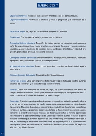 Objetivos ofensivos: Iniciación, elaboración y finalización de los contraataques. 
Objetivos defensivos: Neutralizar la ofensiva y evitar la progresión y la finalización de la 
misma. 
Espacio de juego: Se juega en un terreno de juego de 60 x 40 mts. 
Disposición: Dos equipos de siete jugadores más un portero. 
Conceptos tácticos ofensivos: Posesión del balón, ayudas permanentes, contraataque a 
partir de un posicionamiento mixto, amplitud, desmarques de apoyo y ruptura, creación, 
ocupación y aprovechamiento de espacios libres, cambios de orientación, velocidad, pro-gresión, 
profundidad ofensiva y equilibrio ofensivo. 
Conceptos tácticos defensivos: Posicionamientos, marcaje zonal, coberturas, permutas, 
repliegues, temporizaciones, presión e interceptaciones. 
Acciones técnicas ofensivas: Pases cortos y medios, controles, habilidad dinámica por el 
suelo y tiros. 
Acciones técnicas defensivas: Principalmente interceptaciones. 
Número de toques: Libre pero imprimiendo la mayor velocidad al juego posible, evitando 
acciones de 1 contra 1 y el contacto físico con el contrario. 
Material: Conos que marquen las zonas de juego, los posicionamientos y el medio del 
campo. Balones suficientes. Petos para diferenciarse los equipos. Dos porterías de F-11 
y dos porterías de 3 mts en los laterales de medio campo. 
Desarrollo: El equipo ofensivo realizará ataques combinativos estando obligado a lograr 
el gol en las porterías laterales de medio campo para seguir progresando hacia la porte-ría 
contraria. El equipo defensivo se posicionará en mixto (línea de defensas en repliegue 
y medios y puntas en presencia) desarrollando toda la fase defensiva en dicho posicio-namiento; 
si el contrario obliga a replegar se deberá aprovechar la mínima oportunidad 
para recuperar el posicionamiento perdido. El equipo defensor, cuando recupere el balón, 
realizará contraataque, evitando acciones de uno contra uno y todo contacto físico con el 
rival. El contraataque deberá ser finalizado antes del séptimo pase, si la opción del con-traataque 
se pierde se iniciará ataque combinativo desde su propio campo. Se exigirá un 
adecuado equilibrio ofensivo. 
172 
EJERCICIO 7 
 