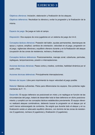 Objetivos ofensivos: Iniciación, elaboración y finalización de los ataques. 
Objetivos defensivos: Neutralizar la ofensiva y evitar la progresión y la finalización de la 
misma. 
Espacio de juego: Se juega en todo el campo. 
Disposición: Dos equipos de once jugadores en un sistema de juego de 4-4-2. 
Conceptos tácticos ofensivos: Posesión del balón, ayudas permanentes, desmarques de 
apoyo y ruptura, amplitud, cambios de orientación, velocidad en el juego, progresión en 
el juego, vigilancias ofensivas y equilibrio ofensivo durante y en la finalización del ataque 
(ocupación de las zonas de resistencia, rechace y finalización). 
Conceptos tácticos defensivos: Posicionamientos, marcaje zonal, coberturas, permutas, 
repliegues, temporizaciones, presión e interceptaciones. 
Acciones técnicas ofensivas: Pases cortos y medios, controles, habilidad dinámica por el 
suelo y tiros. 
Acciones técnicas defensivas: Principalmente interceptaciones. 
Número de toques: Libre pero imprimiendo la mayor velocidad al juego posible. 
Material: Balones suficientes. Petos para diferenciarse los equipos. Dos porterías regla-mentarias 
de F- 11. 
Desarrollo: El equipo defensivo se posicionará en mixto y en repliegue en función de las 
circunstancias del juego, tratará de desarrollar toda la fase defensiva en dicho posiciona-miento 
y cumplirá con los conceptos tácticos establecidos previamente. El equipo ofensi-vo 
realizará ataques combinativos, debiendo buscar la progresión en el ataque por el 
carril menos sobrecargado de contrarios. Se exigirá que durante todo el ataque y en su 
finalización exista un adecuado equilibrio ofensivo, con dominio de las zonas de resisten-cia 
(3 jugadores), rechace (4 jugadores) y finalización (3 jugadores). 
18 
EJERCICIO 3 
 
