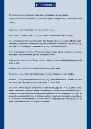 Objetivos ofensivos: Iniciación, elaboración y finalización de los ataques. 
Objetivos defensivos: Neutralizar la ofensiva y evitar la progresión y la finalización de la 
misma. 
Espacio de juego: Se juega en todo el terreno de juego. 
Disposición: Dos equipos de once jugadores en un sistema de juego de 4-4-2. 
Conceptos tácticos ofensivos: Transición de defensa a ataque, posesión del balón, ampli-tud 
ofensiva, cambios de orientación, ayudas permanentes, desmarques de apoyo y rup-tura, 
velocidad en el juego, progresión en el juego y equilibrio ofensivo. 
Conceptos tácticos defensivos: Posicionamientos, marcaje zonal, coberturas, permutas, 
repliegues, temporizaciones, presión e interceptaciones. 
Acciones técnicas ofensivas: Pases cortos y medios, controles, habilidad dinámica por el 
suelo y tiros. 
Acciones técnicas defensivas: Principalmente interceptaciones. 
Número de toques: Libre pero imprimiendo la mayor velocidad al juego posible. 
Material: Conos que marquen el espacio de juego, la mitad del campo, balones suficien-tes, 
petos para diferenciarse los equipos y dos porterías de F- 11. 
Desarrollo: Ambos equipos juegan con un sistema de juego de 4-4-2. La tarea se des-arrolla 
con la misma dinámica que en la tarea anterior pero muy próxima a la competición. 
Así pues, se entrenarán los mismos conceptos tácticos de las tareas anteriores, pero se 
prestará una especial atención al análisis que tienen que hacer los jugadores para llevar 
a cabo la ofensiva más idónea en función del nivel de desorganización del adversario. Se 
exigirá mantener un adecuado equilibrio ofensivo. 
30 
EJERCICIO 4 
 