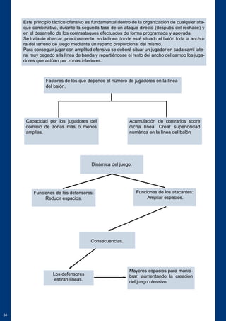 34 
Este principio táctico ofensivo es fundamental dentro de la organización de cualquier ata-que 
combinativo, durante la segunda fase de un ataque directo (después del rechace) y 
en el desarrollo de los contraataques efectuados de forma programada y apoyada. 
Se trata de abarcar, principalmente, en la línea donde esté situado el balón toda la anchu-ra 
del terreno de juego mediante un reparto proporcional del mismo. 
Para conseguir jugar con amplitud ofensiva se deberá situar un jugador en cada carril late-ral 
muy pegado a la línea de banda y repartiéndose el resto del ancho del campo los juga-dores 
que actúan por zonas interiores. 
Factores de los que depende el número de jugadores en la línea 
del balón. 
Capacidad por los jugadores del 
dominio de zonas más o menos 
amplias. 
Acumulación de contrarios sobre 
dicha línea. Crear superioridad 
numérica en la línea del balón 
Dinámica del juego. 
Funciones de los defensores: 
Reducir espacios. 
Funciones de los atacantes: 
Ampliar espacios. 
Consecuencias. 
Los defensores 
estiran líneas. 
Mayores espacios para manio-brar, 
aumentando la creación 
del juego ofensivo. 
 
