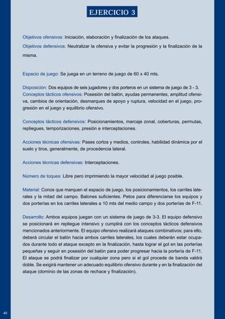 Objetivos ofensivos: Iniciación, elaboración y finalización de los ataques. 
Objetivos defensivos: Neutralizar la ofensiva y evitar la progresión y la finalización de la 
misma. 
Espacio de juego: Se juega en un terreno de juego de 60 x 40 mts. 
Disposición: Dos equipos de seis jugadores y dos porteros en un sistema de juego de 3 - 3. 
Conceptos tácticos ofensivos: Posesión del balón, ayudas permanentes, amplitud ofensi-va, 
cambios de orientación, desmarques de apoyo y ruptura, velocidad en el juego, pro-gresión 
en el juego y equilibrio ofensivo. 
Conceptos tácticos defensivos: Posicionamientos, marcaje zonal, coberturas, permutas, 
repliegues, temporizaciones, presión e interceptaciones. 
Acciones técnicas ofensivas: Pases cortos y medios, controles, habilidad dinámica por el 
suelo y tiros, generalmente, de procedencia lateral. 
Acciones técnicas defensivas: Interceptaciones. 
Número de toques: Libre pero imprimiendo la mayor velocidad al juego posible. 
Material: Conos que marquen el espacio de juego, los posicionamientos, los carriles late-rales 
y la mitad del campo. Balones suficientes. Petos para diferenciarse los equipos y 
dos porterías en los carriles laterales a 10 mts del medio campo y dos porterías de F-11. 
Desarrollo: Ambos equipos juegan con un sistema de juego de 3-3. El equipo defensivo 
se posicionará en repliegue intensivo y cumplirá con los conceptos tácticos defensivos 
mencionados anteriormente. El equipo ofensivo realizará ataques combinativos; para ello, 
deberá circular el balón hacia ambos carriles laterales, los cuales deberán estar ocupa-dos 
durante todo el ataque excepto en la finalización, hasta lograr el gol en las porterías 
pequeñas y seguir en posesión del balón para poder progresar hacia la portería de F-11. 
El ataque se podrá finalizar por cualquier zona pero si el gol procede de banda valdrá 
doble. Se exigirá mantener un adecuado equilibrio ofensivo durante y en la finalización del 
ataque (dominio de las zonas de rechace y finalización). 
40 
EJERCICIO 3 
 