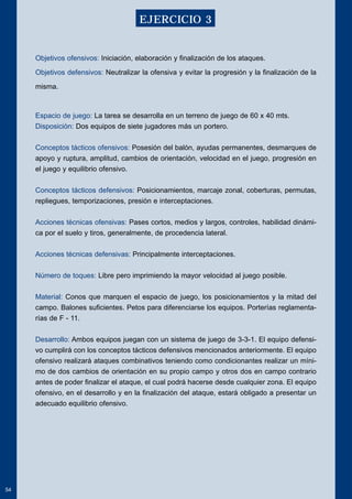 Objetivos ofensivos: Iniciación, elaboración y finalización de los ataques. 
Objetivos defensivos: Neutralizar la ofensiva y evitar la progresión y la finalización de la 
misma. 
Espacio de juego: La tarea se desarrolla en un terreno de juego de 60 x 40 mts. 
Disposición: Dos equipos de siete jugadores más un portero. 
Conceptos tácticos ofensivos: Posesión del balón, ayudas permanentes, desmarques de 
apoyo y ruptura, amplitud, cambios de orientación, velocidad en el juego, progresión en 
el juego y equilibrio ofensivo. 
Conceptos tácticos defensivos: Posicionamientos, marcaje zonal, coberturas, permutas, 
repliegues, temporizaciones, presión e interceptaciones. 
Acciones técnicas ofensivas: Pases cortos, medios y largos, controles, habilidad dinámi-ca 
por el suelo y tiros, generalmente, de procedencia lateral. 
Acciones técnicas defensivas: Principalmente interceptaciones. 
Número de toques: Libre pero imprimiendo la mayor velocidad al juego posible. 
Material: Conos que marquen el espacio de juego, los posicionamientos y la mitad del 
campo. Balones suficientes. Petos para diferenciarse los equipos. Porterías reglamenta-rías 
de F - 11. 
Desarrollo: Ambos equipos juegan con un sistema de juego de 3-3-1. El equipo defensi-vo 
cumplirá con los conceptos tácticos defensivos mencionados anteriormente. El equipo 
ofensivo realizará ataques combinativos teniendo como condicionantes realizar un míni-mo 
de dos cambios de orientación en su propio campo y otros dos en campo contrario 
antes de poder finalizar el ataque, el cual podrá hacerse desde cualquier zona. El equipo 
ofensivo, en el desarrollo y en la finalización del ataque, estará obligado a presentar un 
adecuado equilibrio ofensivo. 
54 
EJERCICIO 3 
 