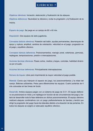 Objetivos ofensivos: Iniciación, elaboración y finalización de los ataques. 
Objetivos defensivos: Neutralizar la ofensiva y evitar la progresión y la finalización de la 
misma. 
Espacio de juego: Se juega en un campo de 60 x 40 mts. 
Disposición: Dos equipos de siete jugadores. 
Conceptos tácticos ofensivos: Posesión del balón, ayudas permanentes, desmarques de 
apoyo y ruptura, amplitud, cambios de orientación, velocidad en el juego, progresión en 
el juego y equilibrio ofensivo. 
Conceptos tácticos defensivos: Posicionamientos, marcaje zonal, coberturas, permutas, 
repliegues, temporizaciones, presión e interceptaciones. 
Acciones técnicas ofensivas: Pases cortos, medios y largos, controles, habilidad dinámi-ca 
por el suelo. 
Acciones técnicas defensivas: Principalmente interceptaciones. 
Número de toques: Libre pero imprimiendo la mayor velocidad al juego posible. 
Material: Conos que marquen el espacio de juego, los posicionamientos y la mitad del 
campo. Balones suficientes. Petos para diferenciarse los equipos. Cuatro porterías de 4 
mts colocadas en las líneas de fondo. 
Desarrollo: Ambos equipos juegan con un sistema de juego de 3-3-1. El equipo defensi-vo 
se posicionará en mixto y en repliegue en función de las circunstancias del juego y tra-tará 
de desarrollar toda la fase defensiva en dichos posicionamientos. El equipo ofensivo 
realizará ataques combinativos con un juego preferentemente de bandas y tendrá que 
dirigir la progresión del juego hacia los laterales debido a la situación de las porterías. En 
todos los ataques se exigirá un adecuado equilibrio ofensivo. 
62 
EJERCICIO 7 
 