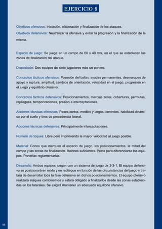 Objetivos ofensivos: Iniciación, elaboración y finalización de los ataques. 
Objetivos defensivos: Neutralizar la ofensiva y evitar la progresión y la finalización de la 
misma. 
Espacio de juego: Se juega en un campo de 60 x 40 mts, en el que se establecen las 
zonas de finalización del ataque. 
Disposición: Dos equipos de siete jugadores más un portero. 
Conceptos tácticos ofensivos: Posesión del balón, ayudas permanentes, desmarques de 
apoyo y ruptura, amplitud, cambios de orientación, velocidad en el juego, progresión en 
el juego y equilibrio ofensivo. 
Conceptos tácticos defensivos: Posicionamientos, marcaje zonal, coberturas, permutas, 
repliegues, temporizaciones, presión e interceptaciones. 
Acciones técnicas ofensivas: Pases cortos, medios y largos, controles, habilidad dinámi-ca 
por el suelo y tiros de procedencia lateral. 
Acciones técnicas defensivas: Principalmente interceptaciones. 
Número de toques: Libre pero imprimiendo la mayor velocidad al juego posible. 
Material: Conos que marquen el espacio de juego, los posicionamientos, la mitad del 
campo y las zonas de finalización. Balones suficientes. Petos para diferenciarse los equi-pos. 
Porterías reglamentarías. 
Desarrollo: Ambos equipos juegan con un sistema de juego de 3-3-1. El equipo defensi-vo 
se posicionará en mixto y en repliegue en función de las circunstancias del juego y tra-tará 
de desarrollar toda la fase defensiva en dichos posicionamientos. El equipo ofensivo 
realizará ataques combinativos y estará obligado a finalizarlos desde las zonas estableci-das 
en los laterales. Se exigirá mantener un adecuado equilibrio ofensivo. 
66 
EJERCICIO 9 
 