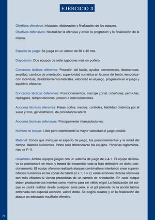 Objetivos ofensivos: Iniciación, elaboración y finalización de los ataques. 
Objetivos defensivos: Neutralizar la ofensiva y evitar la progresión y la finalización de la 
misma. 
Espacio de juego: Se juega en un campo de 60 x 40 mts. 
Disposición: Dos equipos de siete jugadores más un portero. 
Conceptos tácticos ofensivos: Posesión del balón, ayudas permanentes, desmarques, 
amplitud, cambios de orientación, superioridad numérica en la zona del balón, temporiza-ción 
individual, desdoblamientos laterales, velocidad en el juego, progresión en el juego y 
equilibrio ofensivo. 
Conceptos tácticos defensivos: Posicionamientos, marcaje zonal, coberturas, permutas, 
repliegues, temporizaciones, presión e interceptaciones. 
Acciones técnicas ofensivas: Pases cortos, medios, controles, habilidad dinámica por el 
suelo y tiros, generalmente, de procedencia lateral. 
Acciones técnicas defensivas: Principalmente interceptaciones. 
Número de toques: Libre pero imprimiendo la mayor velocidad al juego posible. 
Material: Conos que marquen el espacio de juego, los posicionamientos y la mitad del 
campo. Balones suficientes. Petos para diferenciarse los equipos. Porterías reglamenta-rías 
de F-11. 
Desarrollo: Ambos equipos juegan con un sistema de juego de 2-4-1. El equipo defensi-vo 
se posicionará en mixto y tratará de desarrollar toda la fase defensiva en dicho posi-cionamiento. 
El equipo ofensivo realizará ataques combinativos intentando crear superio-ridades 
numéricas en las zonas de banda (2 x 1, 3 x 2); estas acciones tácticas ofensivas 
son más eficaces si vienen precedidas de un cambio de orientación. En cada ataque 
deben producirse dos intentos como mínimo para ser válido el gol. La finalización del ata-que 
se podrá realizar desde cualquier zona pero, si el gol procede de la acción táctica 
entrenada con especial atención, valdrá doble. Se exigirá durante y en la finalización del 
ataque un adecuado equilibrio ofensivo. 
76 
EJERCICIO 3 
 
