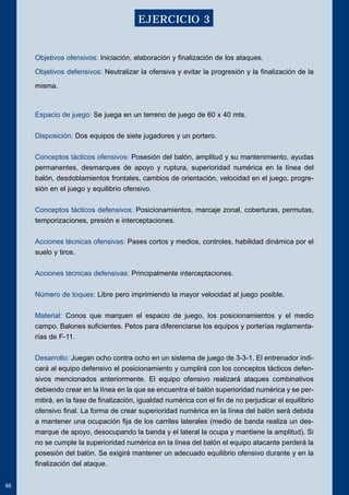 Objetivos ofensivos: Iniciación, elaboración y finalización de los ataques. 
Objetivos defensivos: Neutralizar la ofensiva y evitar la progresión y la finalización de la 
misma. 
Espacio de juego: Se juega en un terreno de juego de 60 x 40 mts. 
Disposición: Dos equipos de siete jugadores y un portero. 
Conceptos tácticos ofensivos: Posesión del balón, amplitud y su mantenimiento, ayudas 
permanentes, desmarques de apoyo y ruptura, superioridad numérica en la línea del 
balón, desdoblamientos frontales, cambios de orientación, velocidad en el juego, progre-sión 
en el juego y equilibrio ofensivo. 
Conceptos tácticos defensivos: Posicionamientos, marcaje zonal, coberturas, permutas, 
temporizaciones, presión e interceptaciones. 
Acciones técnicas ofensivas: Pases cortos y medios, controles, habilidad dinámica por el 
suelo y tiros. 
Acciones técnicas defensivas: Principalmente interceptaciones. 
Número de toques: Libre pero imprimiendo la mayor velocidad al juego posible. 
Material: Conos que marquen el espacio de juego, los posicionamientos y el medio 
campo. Balones suficientes. Petos para diferenciarse los equipos y porterías reglamenta-rías 
de F-11. 
Desarrollo: Juegan ocho contra ocho en un sistema de juego de 3-3-1. El entrenador indi-cará 
al equipo defensivo el posicionamiento y cumplirá con los conceptos tácticos defen-sivos 
mencionados anteriormente. El equipo ofensivo realizará ataques combinativos 
debiendo crear en la línea en la que se encuentra el balón superioridad numérica y se per-mitirá, 
en la fase de finalización, igualdad numérica con el fin de no perjudicar el equilibrio 
ofensivo final. La forma de crear superioridad numérica en la línea del balón será debida 
a mantener una ocupación fija de los carriles laterales (medio de banda realiza un des-marque 
de apoyo, desocupando la banda y el lateral la ocupa y mantiene la amplitud). Si 
no se cumple la superioridad numérica en la línea del balón el equipo atacante perderá la 
posesión del balón. Se exigirá mantener un adecuado equilibrio ofensivo durante y en la 
finalización del ataque. 
88 
EJERCICIO 3 
 
