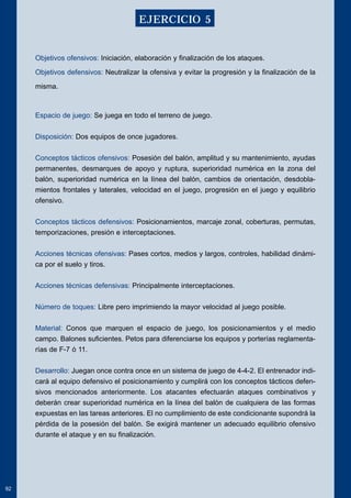 Objetivos ofensivos: Iniciación, elaboración y finalización de los ataques. 
Objetivos defensivos: Neutralizar la ofensiva y evitar la progresión y la finalización de la 
misma. 
Espacio de juego: Se juega en todo el terreno de juego. 
Disposición: Dos equipos de once jugadores. 
Conceptos tácticos ofensivos: Posesión del balón, amplitud y su mantenimiento, ayudas 
permanentes, desmarques de apoyo y ruptura, superioridad numérica en la zona del 
balón, superioridad numérica en la línea del balón, cambios de orientación, desdobla-mientos 
frontales y laterales, velocidad en el juego, progresión en el juego y equilibrio 
ofensivo. 
Conceptos tácticos defensivos: Posicionamientos, marcaje zonal, coberturas, permutas, 
temporizaciones, presión e interceptaciones. 
Acciones técnicas ofensivas: Pases cortos, medios y largos, controles, habilidad dinámi-ca 
por el suelo y tiros. 
Acciones técnicas defensivas: Principalmente interceptaciones. 
Número de toques: Libre pero imprimiendo la mayor velocidad al juego posible. 
Material: Conos que marquen el espacio de juego, los posicionamientos y el medio 
campo. Balones suficientes. Petos para diferenciarse los equipos y porterías reglamenta-rías 
de F-7 ó 11. 
Desarrollo: Juegan once contra once en un sistema de juego de 4-4-2. El entrenador indi-cará 
al equipo defensivo el posicionamiento y cumplirá con los conceptos tácticos defen-sivos 
mencionados anteriormente. Los atacantes efectuarán ataques combinativos y 
deberán crear superioridad numérica en la línea del balón de cualquiera de las formas 
expuestas en las tareas anteriores. El no cumplimiento de este condicionante supondrá la 
pérdida de la posesión del balón. Se exigirá mantener un adecuado equilibrio ofensivo 
durante el ataque y en su finalización. 
92 
EJERCICIO 5 
 