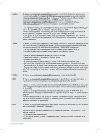 2 puntos

El alumno ha contestado la pregunta 20 correctamente (respuesta B). Respuestas que explican el
nivel de la actividad de PLAN a partir de TODA la información presentada, con explícita o implícita
referencia al tipo de actividad desarrollado en Etiopía por PLAN. La respuesta debe ser también
coherente con (aunque no necesita referirse a) AMBOS aspectos siguientes:
(1) el bajo nivel de actividad de PLAN en Etiopía (información presentada en la tabla); y
(2) la pobreza de Etiopía (información presentada en el enunciado). Por ejemplo:
• Las organizaciones de ayuda suelen empezar su trabajo en un país formando al personal local y por
ello yo diría que PLAN acaba de empezar a trabajar en Etiopía en 1996.
• Formar a los trabajadores comunitarios puede ser el único tipo de ayuda que puedan ofrecer allí.
Puede que no haya hospitales o escuelas en los que basar otros tipos de ayuda.
• Otros grupos de ayuda extranjeros pueden estar ayudando en el campo médico, 	etc. y PLAN ve
que necesita conocer como manejarse en el país [Se está refiriendo implícitamente a la formación de
líderes comunitarios].

1 punto

El alumno ha contestado la pregunta 20 correctamente (respuesta B). Respuestas que explican el nivel
del trabajo de PLAN a partir de LA MAYOR PARTE de la información presentada. La respuesta debe
ser también coherente con (aunque no necesita referirse a AMBOS aspectos siguientes:
(1) el bajo nivel de actividad de PLAN en Etiopía (información presentada en la tabla); y
(2) la pobreza de Etiopía (información presentada en el enunciado). Por ejemplo:
• Puede ser difícil distribuir ayuda porque todo está desorganizado.
• Puede haber una guerra y así será difícil distribuir ayuda.
• No saben como ayuda allí.
• Si otras organizaciones están ayudando en Etiopía, PLAN tiene menos cosas que hacer.
• Me imagino que otros países han recibido ayuda antes y que ayudarán a Etiopía dentro de poco.
• Puede que la gente de Etiopía tenga una cultura que hagan difíciles los contactos con los extranjeros.
• Creo que han estado dando demasiada ayuda a otros países y que a Etiopía no le llega nada. Puede
que PLAN Internacional no tenga dinero y recursos suficientes para todos los países necesitados de
ayuda.

0 puntos

El alumno no ha contestado la pregunta 20 correctamente (respuesta distinta a B).

O BIEN

El alumno ha contestado la pregunta 20 correctamente (respuesta B) pero la respuesta no tiene en
cuenta la información presentada sobre la pobreza relativa de Etiopía. Por ejemplo:
• Etiopía no necesita tanto como otros países la ayuda de PLAN Internacional [Parte de la información
en la tabla pero no tiene en cuenta la información sobre la pobreza relativa de Etiopía presentada en
el enunciado].
• Etiopía no es tan pobre como otros países y no necesita tanto la ayuda de PLAN [Parte de la
información en la tabla pero no es consistente con la pobreza relativa de Etiopía en el enunciado de la
pregunta].
• Puede que Etiopía necesite más ayuda con sus líderes comunitarios que otros países [Parte de un
detalle de la información en la tabla pero no tiene en cuenta la información sobre la pobreza relativa
de Etiopía presentada en el enunciado].

O BIEN

El alumno ha contestado la pregunta 20 correctamente (respuesta B) pero proporciona una respuesta
insuficiente o vaga o inadecuada. Por ejemplo:
• No hacen tanto trabajo en Etiopía [Repite la información de la respuesta B de la pregunta 20 sin
intentar explicarla].
• PLAN apenas hace nada en Etiopía.
• PLAN concede la misma cantidad a cada país [Contradice la información de la respuesta B de la
pregunta 20].

62 LA LECTURA EN PISA

 