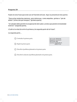 Pregunta 29
Fíjate en esta frase que está casi al final del artículo. Aquí se presenta en dos partes:
“Para evitar molestias menores, pero dolorosas, como ampollas, grietas o “pie de
atleta” (infección por hongos)” (primera parte).
“el calzado debe permitir la evaporación del sudor y evitar que penetre la humedad
exterior” (segunda parte).
¿Cuál es la relación entre la primera y la segunda parte de la frase?
La segunda parte...

A Contradice la primera parte.
B Repite la primera parte.

Sub-escala: Reflexión
Respuesta correcta: D
Dificultad: 402
Aciertos: España 85,5%
OCDE 77,5%

C Describe el problema planteado en la primera parte.
D Describe la solución al problema planteado en la primera parte.

70 LA LECTURA EN PISA

 