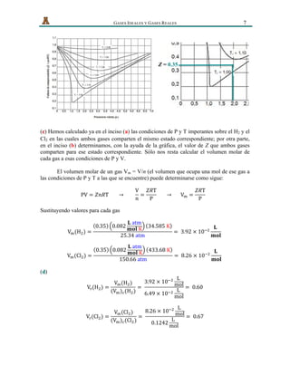   GASES IDEALES Y GASES REALES 7
( ) Hemos calculado ya en el inciso (a) las condiciones de P y T imperantes sobre el H2 y elc
Cl2 en las cuales ambos gases comparten el mismo estado correspondiente; por otra parte,
en el inciso (b) determinamos, con la ayuda de la gráfica, el valor de Z que ambos gases
comparten para ese estado correspondiente. Sólo nos resta calcular el volumen molar de
cada gas a esas condiciones de P y V.
El volumen molar de un gas Vm = V/n (el volumen que ocupa una mol de ese gas a
las condiciones de P y T a las que se encuentre) puede determinarse como sigue:
PV = 𝑍𝑛𝑅T               →                
V
𝑛
=
𝑍𝑅T
P
              →            V! =
𝑍𝑅T
P
      
Sustituyendo valores para cada gas
V!(H!) =
0.35 0.082
𝐋  atm
𝐦𝐨𝐥  K 34.585  K
25.34  atm
=  3.92  ×  10!!
𝐋  
𝐦𝐨𝐥
  
V!(Cl!) =
0.35 0.082
𝐋  atm
𝐦𝐨𝐥  K 433.68  K
150.66  atm
=  8.26  ×  10!!
𝐋  
𝐦𝐨𝐥
  
( )d
V!(H!) =
V!(H!)
(V!)!(H!)
=  
3.92  ×  10!! L  
mol
6.49  ×  10!! L  
mol
=   0.60
V!(Cl!) =
V!(Cl!)
(V!)!(Cl!)
=  
8.26  ×  10!! L  
mol
0.1242
L  
mol
=   0.67
Z = 0.35
 