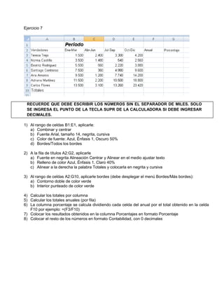Ejercicio 7
RECUERDE QUE DEBE ESCRIBIR LOS NÚMEROS SIN EL SEPARADOR DE MILES. SOLO
SE INGRESA EL PUNTO DE LA TECLA SUPR DE LA CALCULADORA SI DEBE INGRESAR
DECIMALES.
1) Al rango de celdas B1:E1, aplicarle:
a) Combinar y centrar
b) Fuente Arial, tamaño 14, negrita, cursiva
c) Color de fuente: Azul, Énfasis 1, Oscuro 50%
d) Bordes/Todos los bordes
2) A la fila de títulos A2:G2, aplicarle
a) Fuente en negrita Alineación Centrar y Alinear en el medio ajustar texto
b) Relleno de color Azul, Énfasis 1, Claro 40%
c) Alinear a la derecha la palabra Totales y colocarla en negrita y cursiva
3) Al rango de celdas A2:G10, aplicarle bordes (debe desplegar el menú Bordes/Más bordes):
a) Contorno doble de color verde
b) Interior punteado de color verde
4) Calcular los totales por columna
5) Calcular los totales anuales (por fila)
6) La columna porcentaje se calcula dividiendo cada celda del anual por el total obtenido en la celda
F10 por ejemplo: =(F3/F10)
7) Colocar los resultados obtenidos en la columna Porcentajes en formato Porcentaje
8) Colocar el resto de los números en formato Contabilidad, con 0 decimales
 