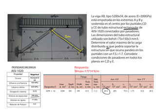 La viga AB, tipo S200x34, de acero (E=200GPa)
está empotrada en los extremos A y B y
sostenida en el centro por los puntales CD
y CE de tubo estructural rectangular de
AISI-1020 conectados por pasadores.
Las dimensiones del tubo estructural
utilizado son bxhxt=75x150x3 mm3.
Determine el valor máximo de la carga
distribuida w que podría soportar la
estructura sin que ocurra pandeo en los
puntales con un F.S.=1.7. Considere
condiciones de pasadores en todos los
planos en C,D y E.
AISI 1020
Respuesta:
Wmax<17714 N/m
 