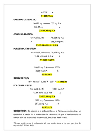 ¨El buen médico trata la enfermedad; el gran médico trata al paciente que tiene la
enfermedad¨ William Osler
0,5657 x
X= 565,72 mg
CANTIDAD DE TRABAJO
565,72 mg ----------- 500 mg P.A
302,65 mg x
X= 268,91 mg P.A
CONSUMO TEORICO
1ml NaOH 0,1 N----------- 19,564 mg P.A
X 268,91 mg P.A
X= 13,14 ml 𝐍𝐚𝐎𝐇 0,1 N
PORCENTAJE TEORICO
1ml NaOH 0,1 N----------- 19,564 mg P.A
13,14 ml NaOH 0,1 N X
X= 268,9 mg P.A
268,91 mg P.A ----------- 100%
268,9 mg P.A X
X= 99,99 %
CONSUMO REAL
13,14 ml NaOH 0,1 N X 1,0001 = 13, 1413 ml
PORCENTAJE REAL
1ml NaOH 0,1 N ----------- 19,564 mg P.A
13,14 ml ml NaOH 0,1 X
X= 257,09 mg P.A
268,9 mg P.A ----------- 100%
257,09 mg P.A X
X= 95,61 %
CONCLUSION: De acuerdo a lo establecido por la Farmacopea Argentina, se
determino a través de la valoración del metronidazol que el medicamento si
cumple con los estándares establecidos, el cual es de 90-110%.
 