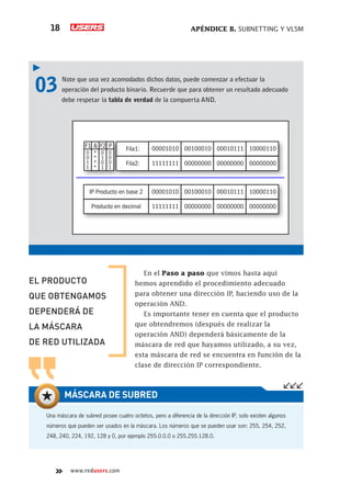 APÉNDICE B. SUBNETTING Y VLSM
18
www.redusers.com
03	 Note que una vez acomodados dichos datos, puede comenzar a efectuar la
operación del producto binario. Recuerde que para obtener un resultado adecuado
debe respetar la tabla de verdad de la compuerta AND.
IP Producto en base 2
Producto en decimal
Fila1:
F1
0
0
1
1
&
*
*
*
*
F2
0
1
0
1
P
0
0
0
1
00001010 00100010 00010111 10000110
Fila2: 11111111 00000000 00000000 00000000
00001010 00100010 00010111 10000110
11111111 00000000 00000000 00000000
En el Paso a paso que vimos hasta aquí
hemos aprendido el procedimiento adecuado
para obtener una dirección IP, haciendo uso de la
operación AND.
Es importante tener en cuenta que el producto
que obtendremos (después de realizar la
operación AND) dependerá básicamente de la
máscara de red que hayamos utilizado, a su vez,
esta máscara de red se encuentra en función de la
clase de dirección IP correspondiente.
EL PRODUCTO
QUE OBTENGAMOS
DEPENDERÁ DE
LA MÁSCARA
DE RED UTILIZADA
Una máscara de subred posee cuatro octetos, pero a diferencia de la dirección IP, solo existen algunos
números que pueden ser usados en la máscara. Los números que se pueden usar son: 255, 254, 252,
248, 240, 224, 192, 128 y 0, por ejemplo 255.0.0.0 o 255.255.128.0.
MÁSCARA DE SUBRED
 