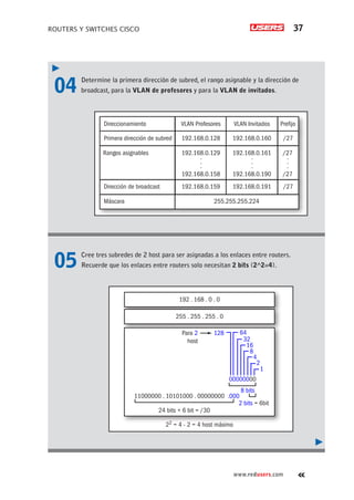 ROUTERS Y SWITCHES CISCO 37
www.redusers.com
04	 Determine la primera dirección de subred, el rango asignable y la dirección de
broadcast, para la VLAN de profesores y para la VLAN de invitados.
05	 Cree tres subredes de 2 host para ser asignadas a los enlaces entre routers.
Recuerde que los enlaces entre routers solo necesitan 2 bits (2^2=4).
Direccionamiento VLAN Profesores
Primera dirección de subred
Rangos asignables
192.168.0.128
192.168.0.129
.
.
.
192.168.0.158
Dirección de broadcast 192.168.0.159
Máscara
VLAN Invitados
192.168.0.160
192.168.0.161
.
.
.
192.168.0.190
192.168.0.191
Prefijo
/27
/27
.
.
.
/27
/27
255.255.255.224
192 . 168 . 0 . 0
255 . 255 . 255 . 0
Para 2
host
11000000 . 10101000 . 00000000 .000
00000000
128 64
32
16
8
4
2
1
24 bits + 6 bit = /30
22 = 4 - 2 = 4 host máximo
2 bits = 6bit
8 bits
 