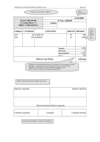 INFORMÁTICA/EJERCICIOS/PROCESADOR/Ejercicios Página 16
I.E.S.CARLOS III
C/.Carlos III, nº. 3
30201 CARTAGENA
23/10/2000
Nº Fra.: 2456/00
Cliente:
CÓDIGO CANTIDAD CONCEPTO PRECIO IMPORTE
A23 20 LÁPICES 25 500
A45 100 GOMAS 10 1.000
Importe: 1.500
Descuento 75
Base imponible 1.425
I.V.A. 228
TOTAL FACTURA 1.653 pta
Superior izquierda Superior derecha
Inferior derecha Inferior izquierda
Centrado izquierda Centrado Centrado derecha
El importe es la suma de todo lo anterior. El descuento es el 5 % del importe. La base
imponible es la resta del importe y el descuento. El IVA es el 16 % de la base
imponible y el total factura es la suma de la base imponible y el IVA.
NOTA: Todo esto se hace con las fórmulas del menú tabla.
Aquí
hay una
línea.
Quítale
el
borde
Menú
insertar/fecha
Ya sabes, en el documento TABLAS
Realiza la siguiente tabla con las medidas que quieras.
Inserta un salto de página y continúa con el siguiente:
 