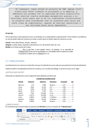 IES Hermógenes Rodríguez TIC 4º ESO
UNIDAD 04: Ofimática (Procesadores de texto)
Página
14
4º párrafo:
Pero lo que hace a estos aparatos únicos, sin embargo, es su capacidad de «superposición». Para resolver un problema,
en vez de añadir todos los números en orden, lo que hacen es añadir todos los números a la vez.
Fuente: Times New Roman, 10 ptos., Normal
Sangría: a ambos lados, izquierda y derecha de 3 cm. De primera línea, de 1 cm.
Bordes: en el texto puntos de ½ ptos.
2.7. TABULACIONES
Las tabulaciones son marcas en el párrafo a las que irá saltando el cursor cada vez que pulsemos la tecla de tabulación.
Podemos definir los tabuladores de forma numérica, en el cuadro de diálogo, o de forma visual, en la regla.
¿QUÉ HAY QUE HACER?
Utilizando las tabulaciones crear el siguiente texto (deberás escribirlo tú):
¿CÓMO SE HACE?
En la ventana que muestra todas las opciones de Párrafo haz clic en el botón de “Tabulaciones”:
 