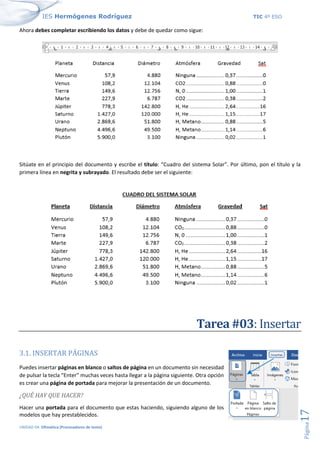 IES Hermógenes Rodríguez TIC 4º ESO
UNIDAD 04: Ofimática (Procesadores de texto)
Página
17
Ahora debes completar escribiendo los datos y debe de quedar como sigue:
Sitúate en el principio del documento y escribe el título: “Cuadro del sistema Solar”. Por último, pon el título y la
primera línea en negrita y subrayado. El resultado debe ser el siguiente:
Tarea #03: Insertar
3.1. INSERTAR PÁGINAS
Puedes insertar páginas en blanco o saltos de página en un documento sin necesidad
de pulsar la tecla “Enter” muchas veces hasta llegar a la página siguiente. Otra opción
es crear una página de portada para mejorar la presentación de un documento.
¿QUÉ HAY QUE HACER?
Hacer una portada para el documento que estas haciendo, siguiendo alguno de los
modelos que hay prestablecidos.
 