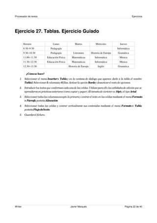 Procesador de textos                                                                                         Ejercicios




Ejercicio 27. Tablas. Ejercicio Guiado

         Horario                   Lunes               Martes              Miércoles             Jueves
         8:30–9:30              Pedagogía                                                      Informática
         9:30–10:30             Pedagogía             Literatura      Historia de Europa       Gramática
         11:00–11:30         Educación Física       Matemáticas           Informática            Música
         11:30–12:30         Educación Física       Matemáticas           Informática            Música
         12:30–13:30                             Historia de Europa         Inglés             Gramática

           ¿Cómo se hace?
    1. Seleccionar el menú Insertar > Tabla y en la ventana de diálogo que aparece darle a la tabla el nombre
       Tabla1 Seleccionar 5 columnas y 6 filas. Activar la opción Bordey desactivar el resto de opciones.
              .
    2. Introducir los textos que conforman cada una de las celdas. Utilizar para ello las utilidades de edición que se
       aprendieron en prácticas anteriores (como copiar y pegar). El tamaño de carácter es 10pty el tipo Arial   .
    3. Seleccionar todas las columnas excepto la primera y centrar el texto en las celdas mediante el menú Formato
       > Párrafo pestaña Alineación
                ,                   .
    4. Seleccionar todas las celdas y centrar verticalmente sus contenidos mediante el menú Formato > Tabla,
       pestaña Flujo del texto.
    5. Guardar el fichero.




Writer                                             Javier Marqués                                     Página 22 de 40
 