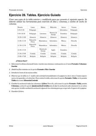 Procesador de textos                                                                                      Ejercicios


Ejercicio 28. Tablas. Ejercicio Guiado
Crear una copia de la tabla anterior y modificarla para que presente el siguiente aspecto. Se
deberán utilizar las herramientas para inserción de filas y columnas, y cambio de ancho de
columna.
             Horario             Lunes           Martes       Miércoles       Jueves        Viernes
             8:30–9:30         Pedagogía                                    Informática    Pedagogía
                                                              Historia de
             9:30–10:30        Pedagogía        Literatura                  Gramática      Pedagogía
                                                               Europa
             10:30–11:00       Almuerzo         Almuerzo      Almuerzo      Almuerzo       Almuerzo
                               Educación
             11:00–11:30                       Matemáticas    Informática    Música         Filosofía
                                 Física
                               Educación
             11:30–12:30                       Matemáticas    Informática    Música         Filosofía
                                 Física
                                               Historia de
             12:30–13:30                                        Inglés      Gramática
                                                Europa
             13:30–15:00        Comida           Comida        Comida        Comida         Comida
             15:00–17:00        Religión        Religión       Religión      Religión       Religión

          ¿Cómo se hace?
1. Seleccionar la últimacolumna del texto e insertar una columnaa continuación con el menú Formato> Columna>
   Insertar.
2. Añadir las filas restantes con la opción Formato> Fila> Insertar
                                                                  .
3. Introducir el texto de las nuevas celdas.
4. Observar que la tabla en el modelo está centrada horizontalmente en la página (es decir, tiene el mismo espacio
   vacío a la izquierda y a la derecha). Para centrar la tabla, seleccionar la opción Formato> Tablay en la pestaña
   Tablaseleccionar AlineaciónCentrado     .
5. Cambiar la anchura de todas las columnas a 2,25cm Para ello, seleccionar la opción Formato> Tabla pestaña
                                                        .                                                  ,
   Columnas y activar la opción Ajustaranchode la tablaantes de fijar la anchura de cada columna (si no se activa
             ,
   esta opción, la tabla cambiará la anchura de alguna de las columnas para que ocupe todo el espacio de la página).
6. Guardar el fichero.




Writer                                               Javier Marqués                                 Página 23 de 40
 