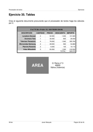 Procesador de textos                                                                             Ejercicios


Ejercicio 35. Tablas

Crea el siguiente documento procurando que el procesador de textos haga los cálculos
por tí:


                                 FACTURA PARA EL DISTRIBUIDOR
                  DESCRIPCIÓN              CANTIDAD      PRECIO       DESCUENTO     IMPORTE
                       Lavadora Zanussi       2              52.000         1.040     101.920
                         Encimera Teka        1              30.000          600       29.400
                 Televisor Panasónic          4              78.000         1.560     305.760
               Microondas Samsung             2              28.000          560       54.880
                       Plancha Rowenta        3               6.500          130       19.110
                        Video Mitsubishi      5              65.000         1.300     318.500
                                                                          TOTAL:      829.570




                                                               C/ Reina nº 3
                                   AREA                            46800
                                                              Xàtiva (Valencia)




Writer                                            Javier Marqués                           Página 30 de 40
 